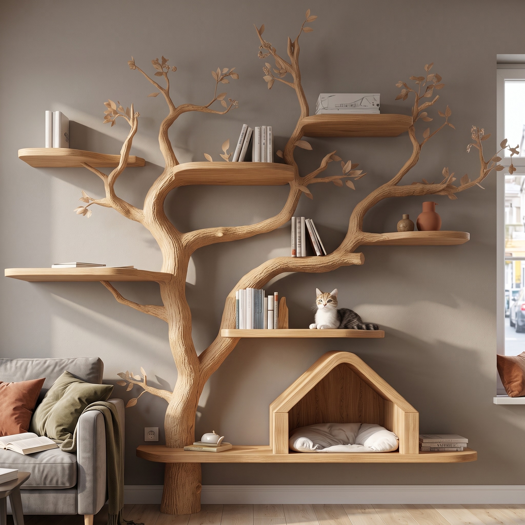 Pet House Cat Tree Natural Wood Cat Furniture Gift Cat Love