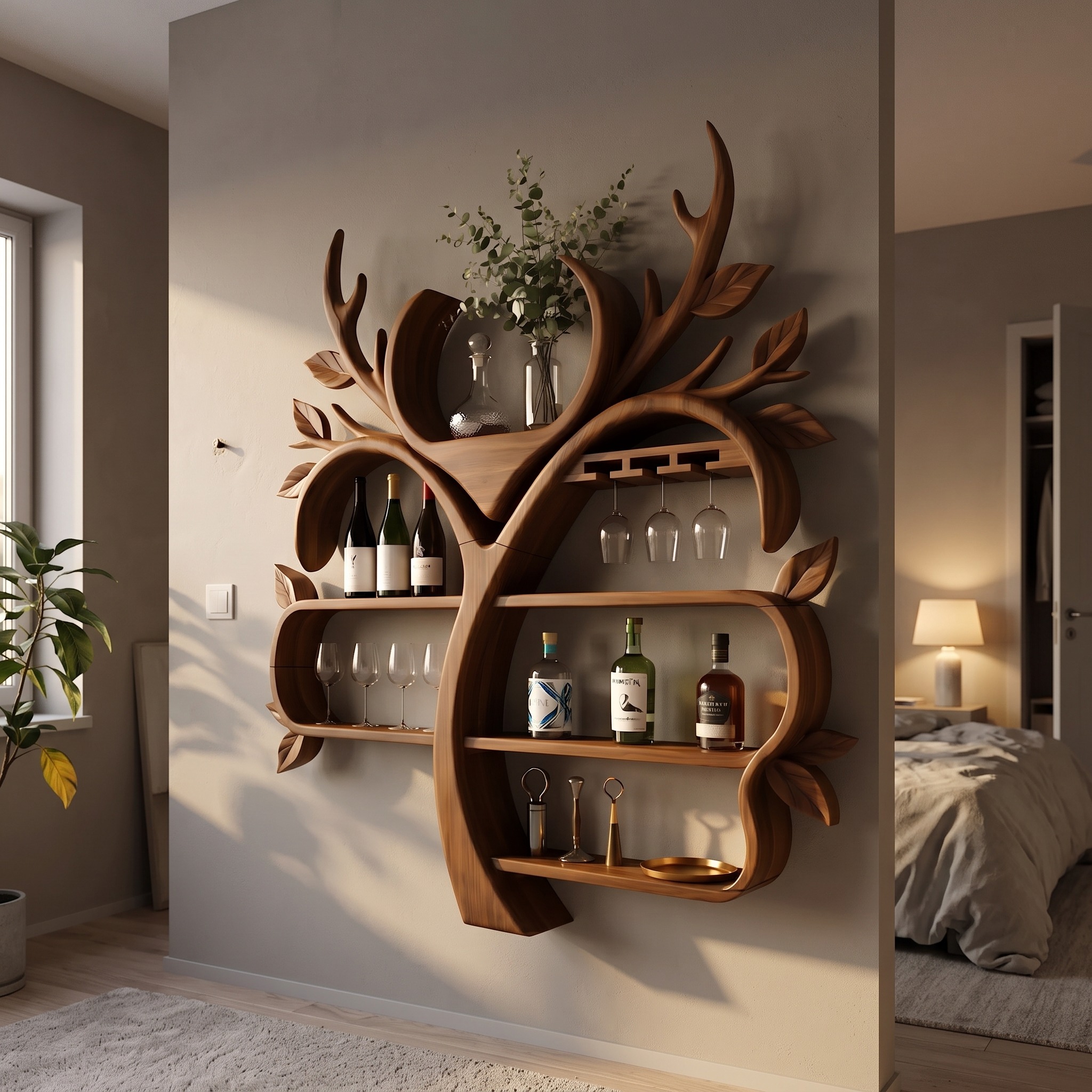 Resort Style Tree Inspired Wine Bar Shelf for Living Room