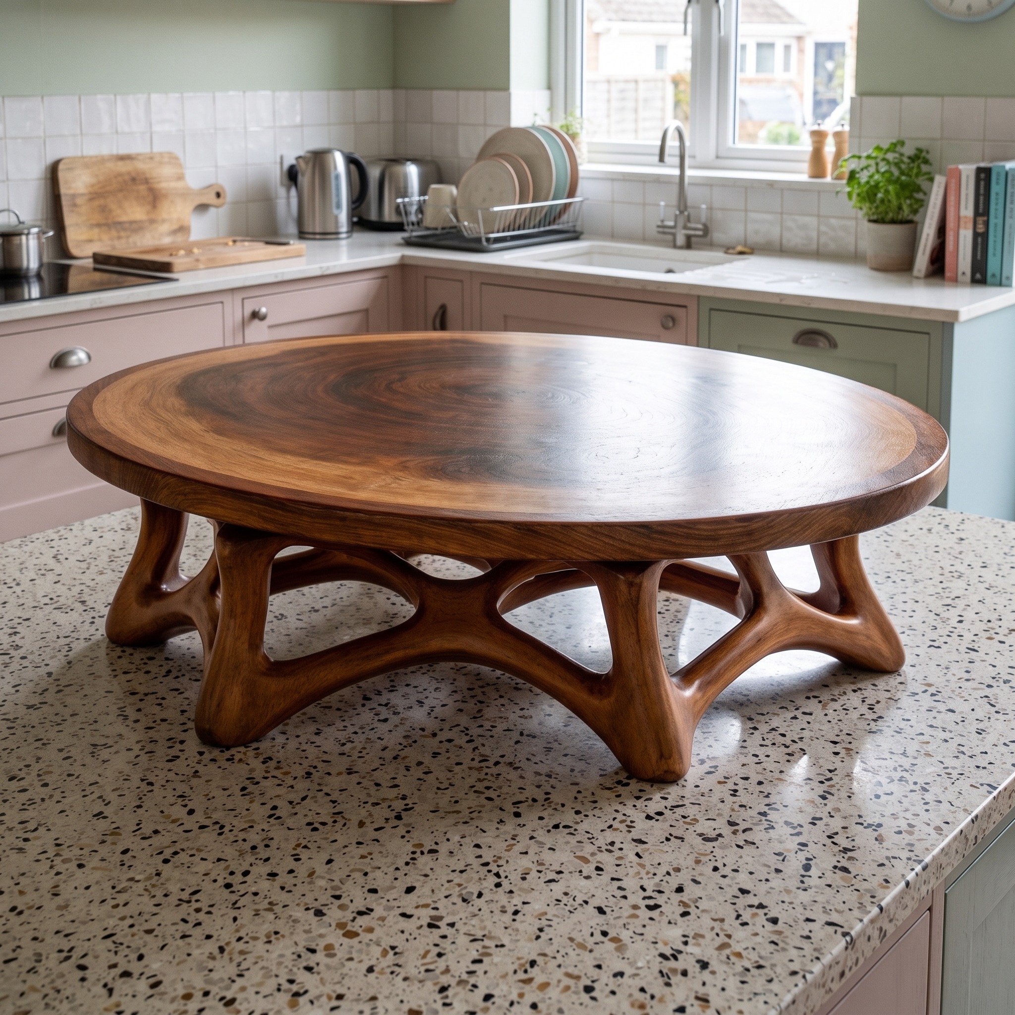Round Sculptural Solid Wood Coffee Table Organic Base Modern Living Room Interior
