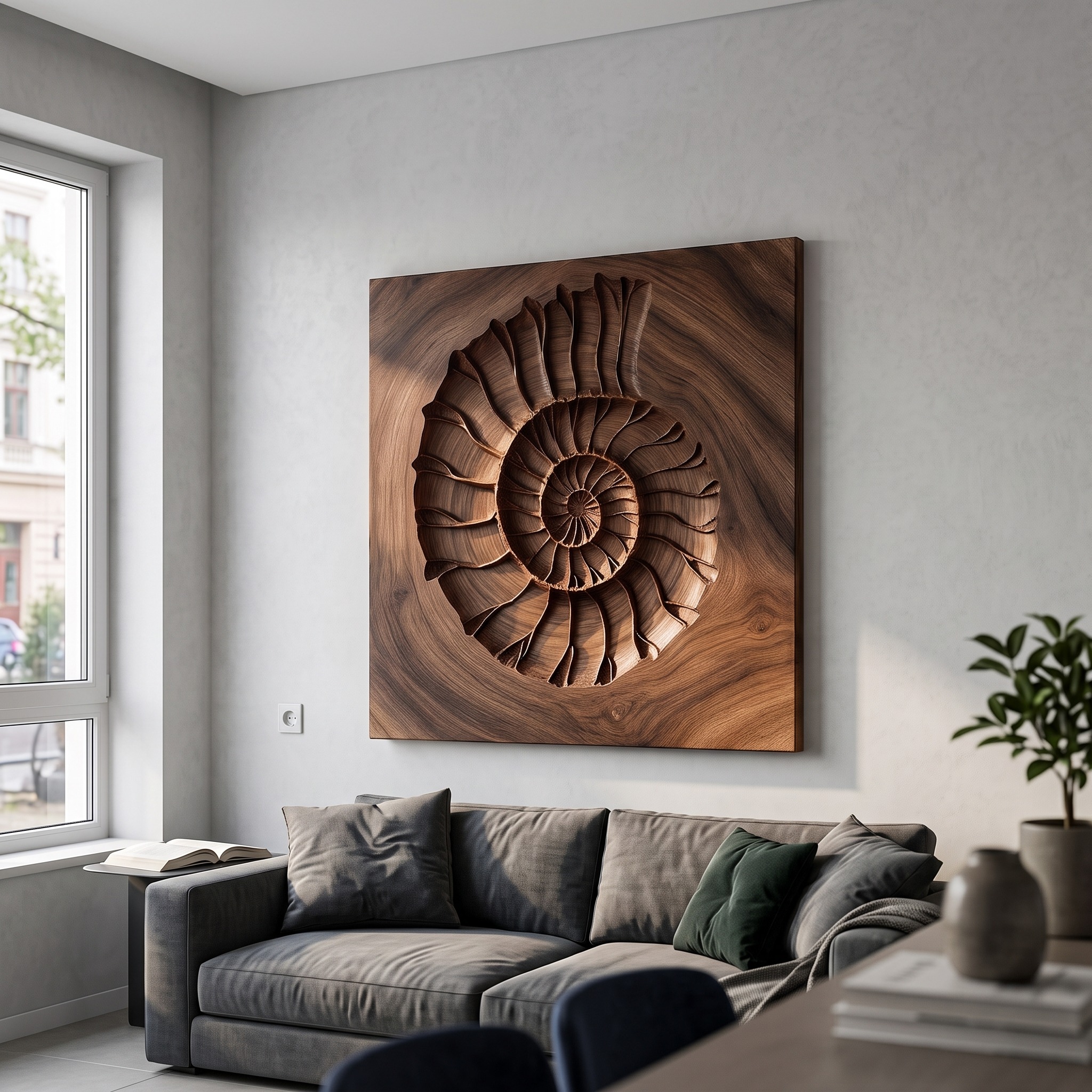Rustic Ammonite Fossil Wooden Wall Decor for Living Room