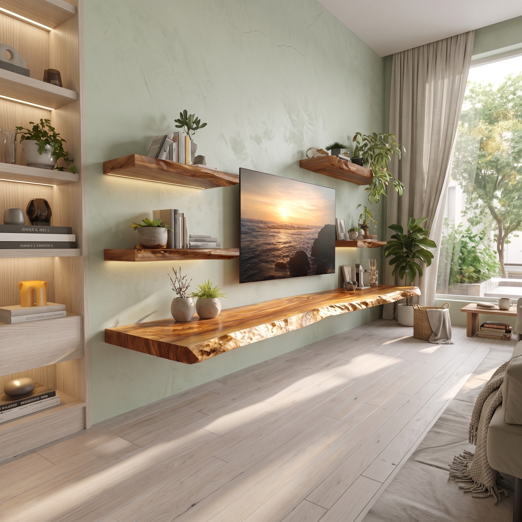 Rustic Artistic Live Edge Floating TV Shelf Solid Wood Living Room Interior Signature Furniture