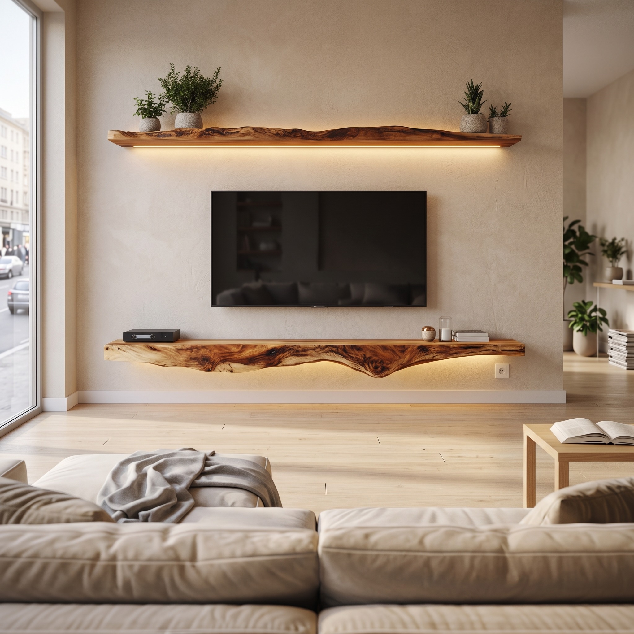 Rustic Artistic Live Edge Floating TV Shelf Solid Wood Living Room Interior Signature Furniture - Model SINLKIFL405