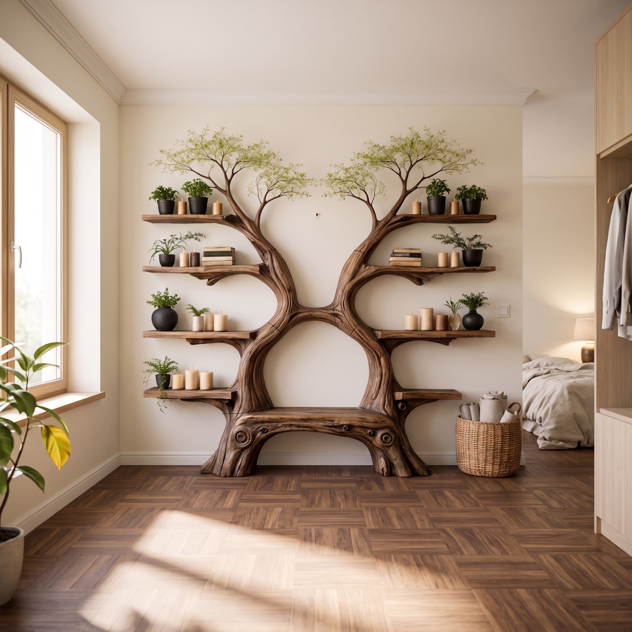Rustic Artistic Twin Tree Bookshelf with Bench Living Room Interior Centerpiece