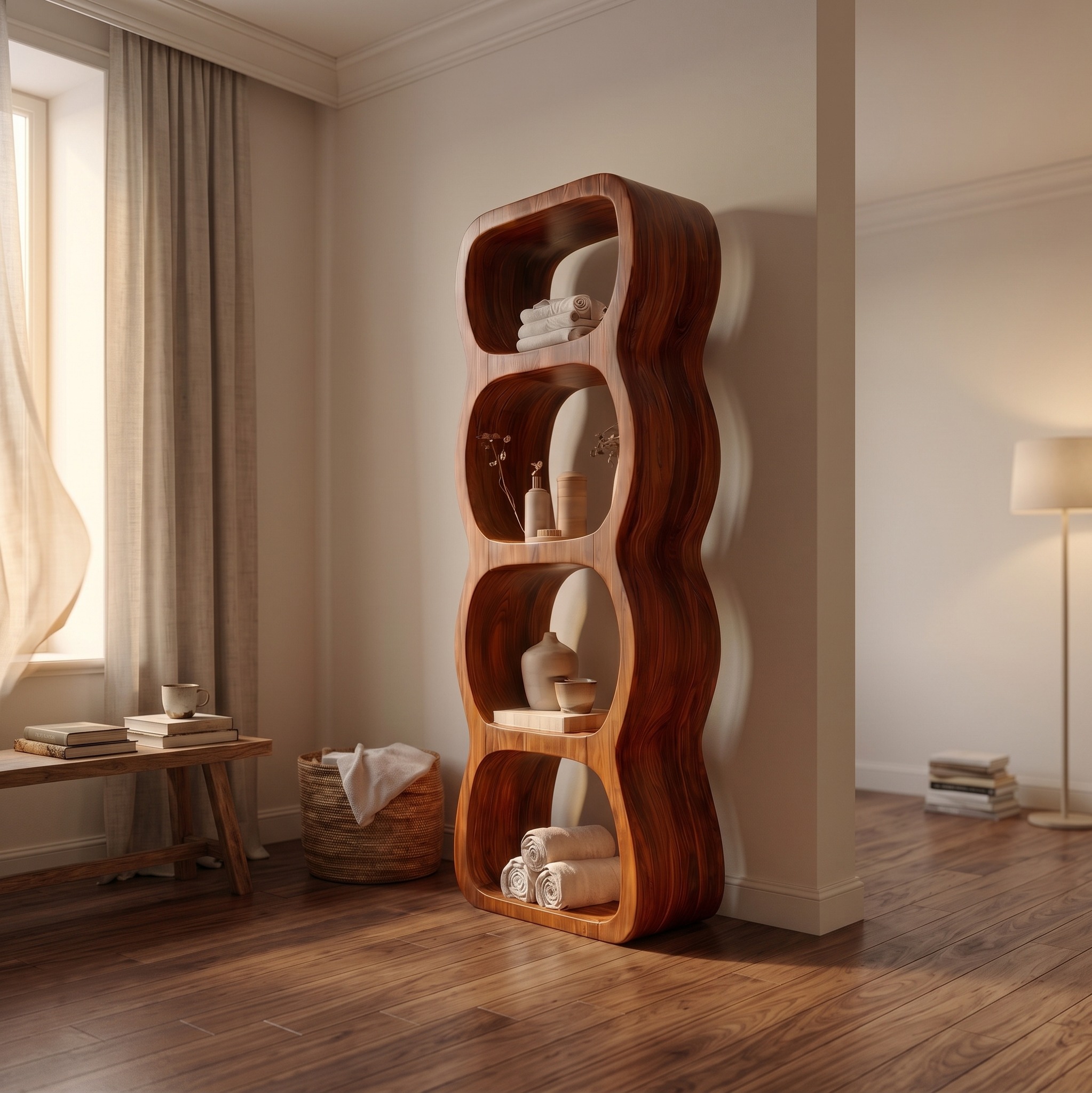 Rustic Bathroom Cabinet with Curved Wave Shape Design