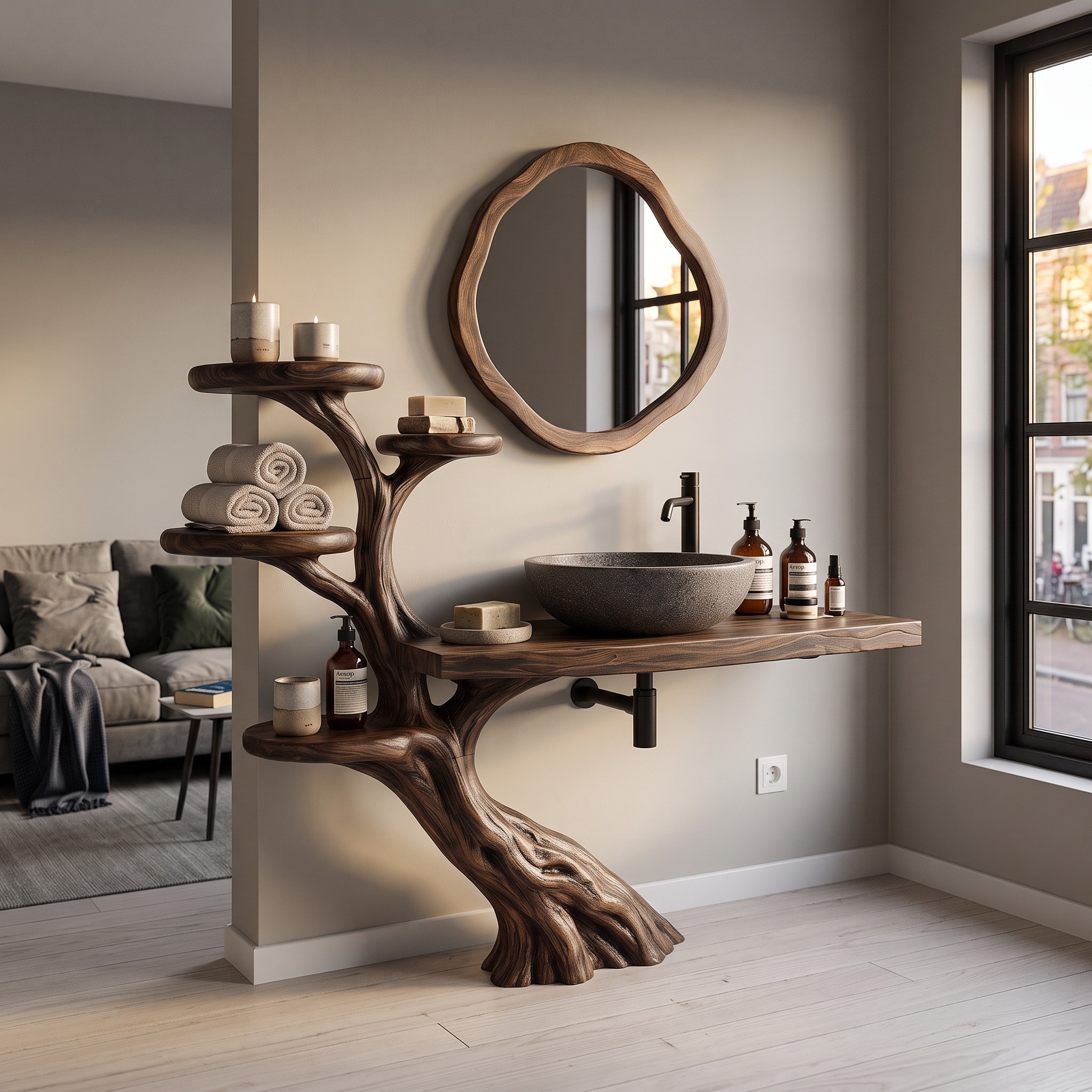 Rustic Bathroom Vanity with Sculptural Wood Structure for Bathroom