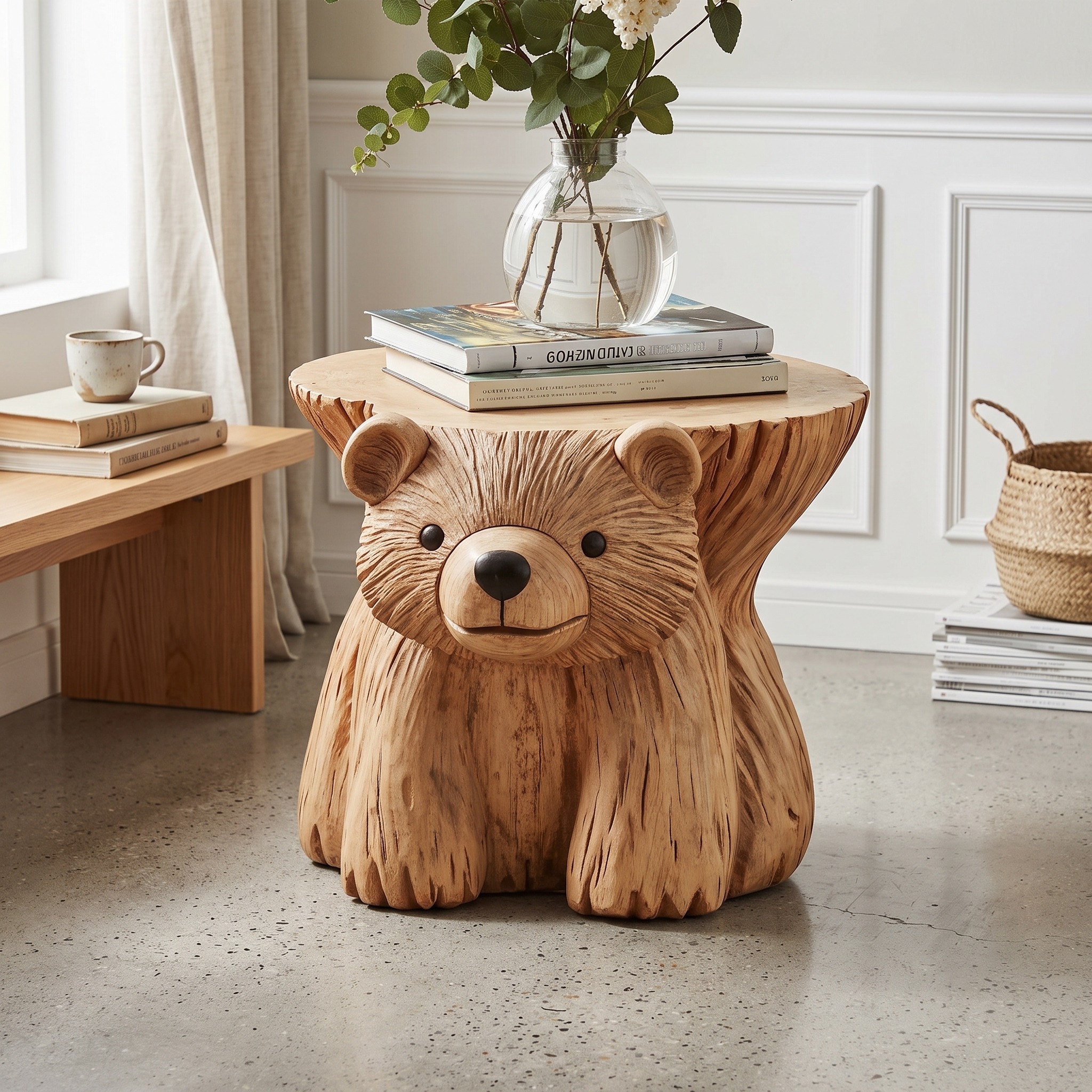 Rustic Bear End Table Wood Side Table