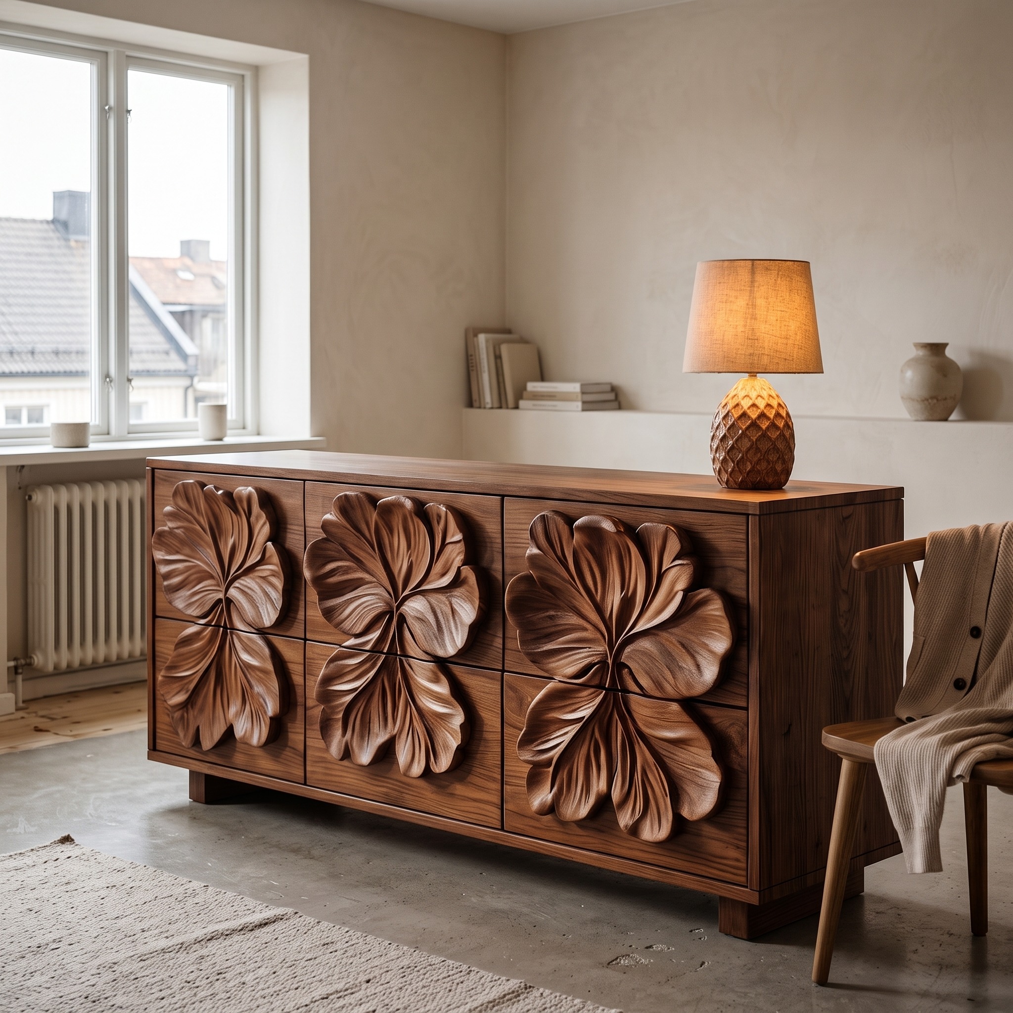Rustic Bedroom Dresser with Hand Carved Floral Drawer Fronts and Natural Form for Bedroom