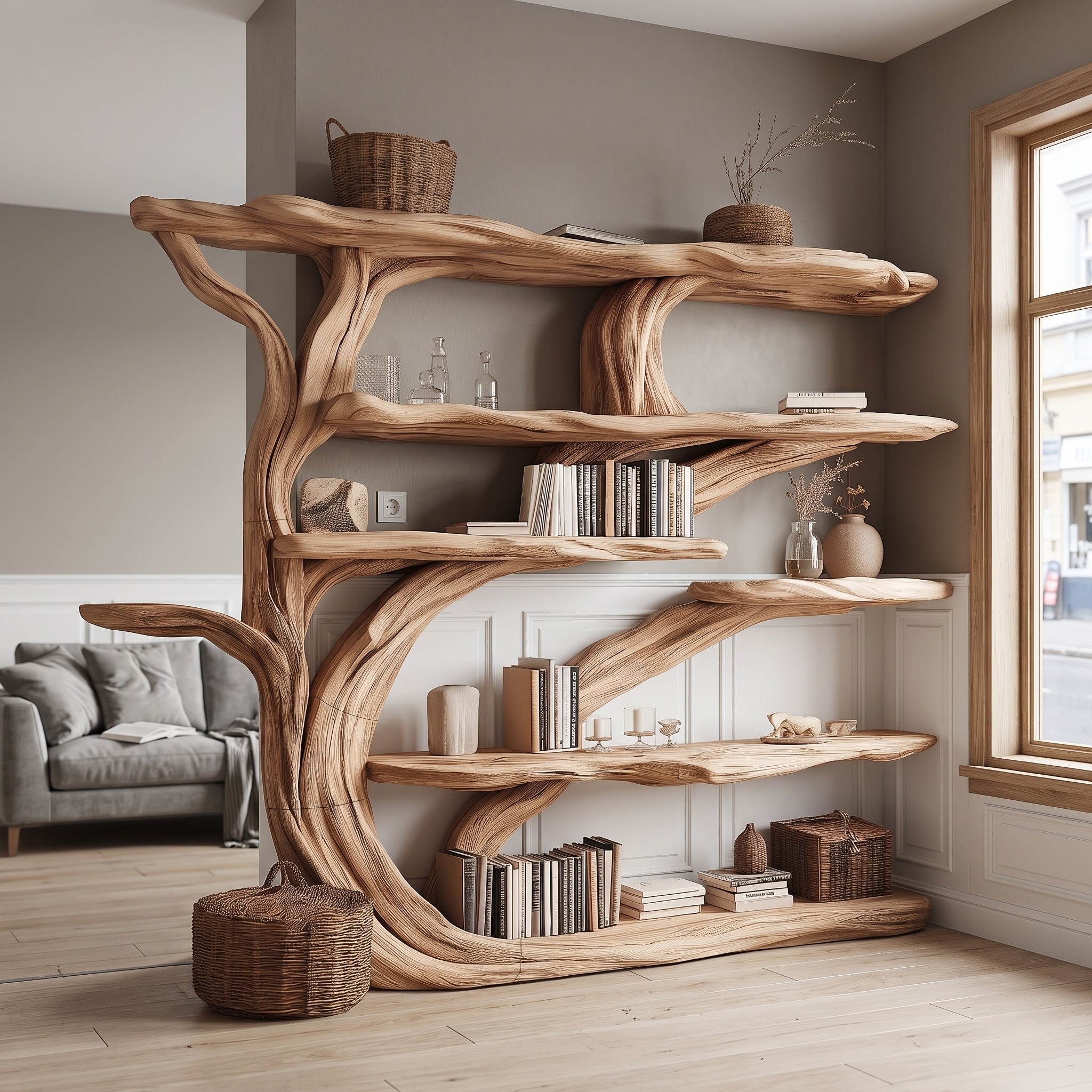 Rustic Book Tree Shelf Handmade Wooden Bookshelf for Office and Home