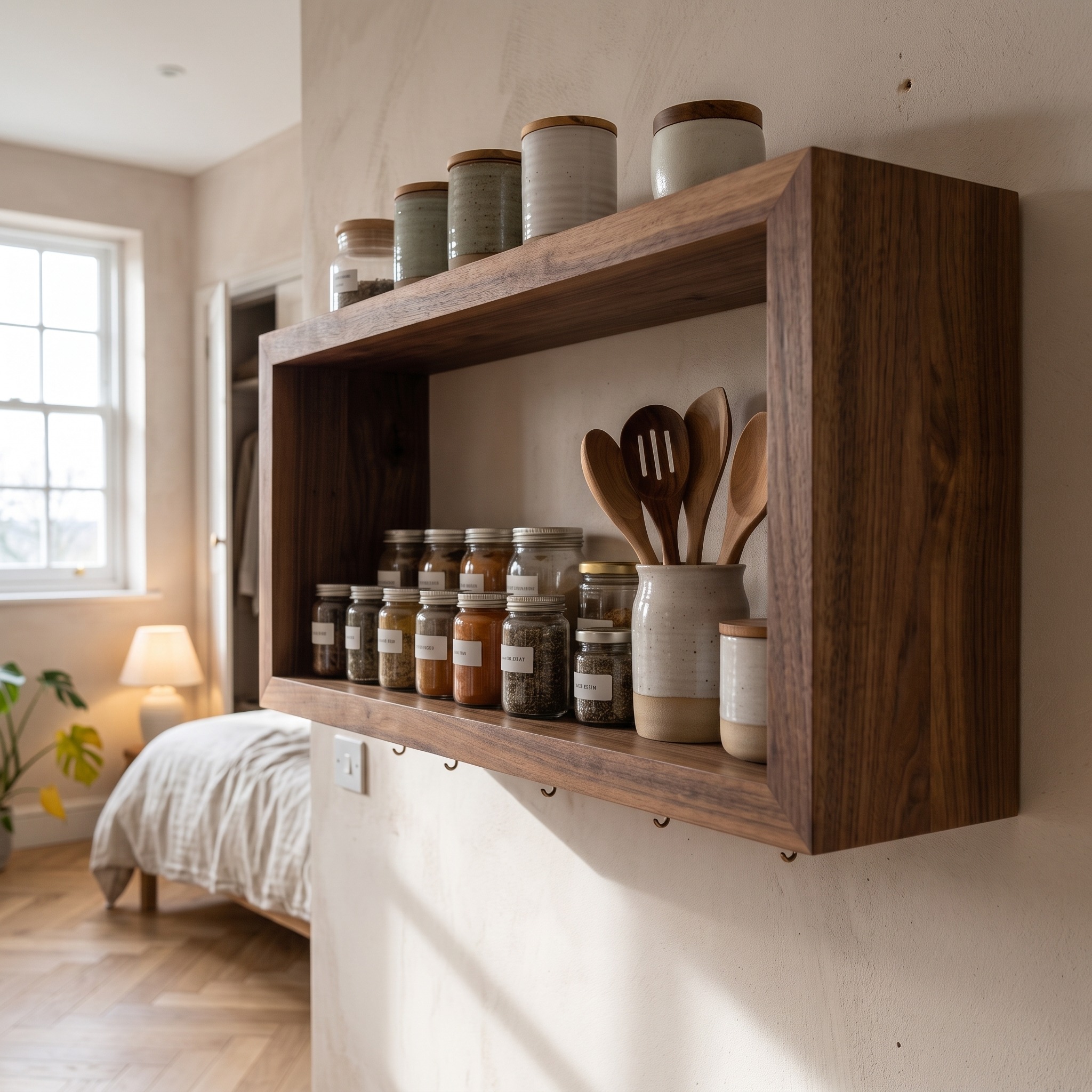 Rustic Box Style Kitchen Wall Shelf Solid Wood Display Unit
