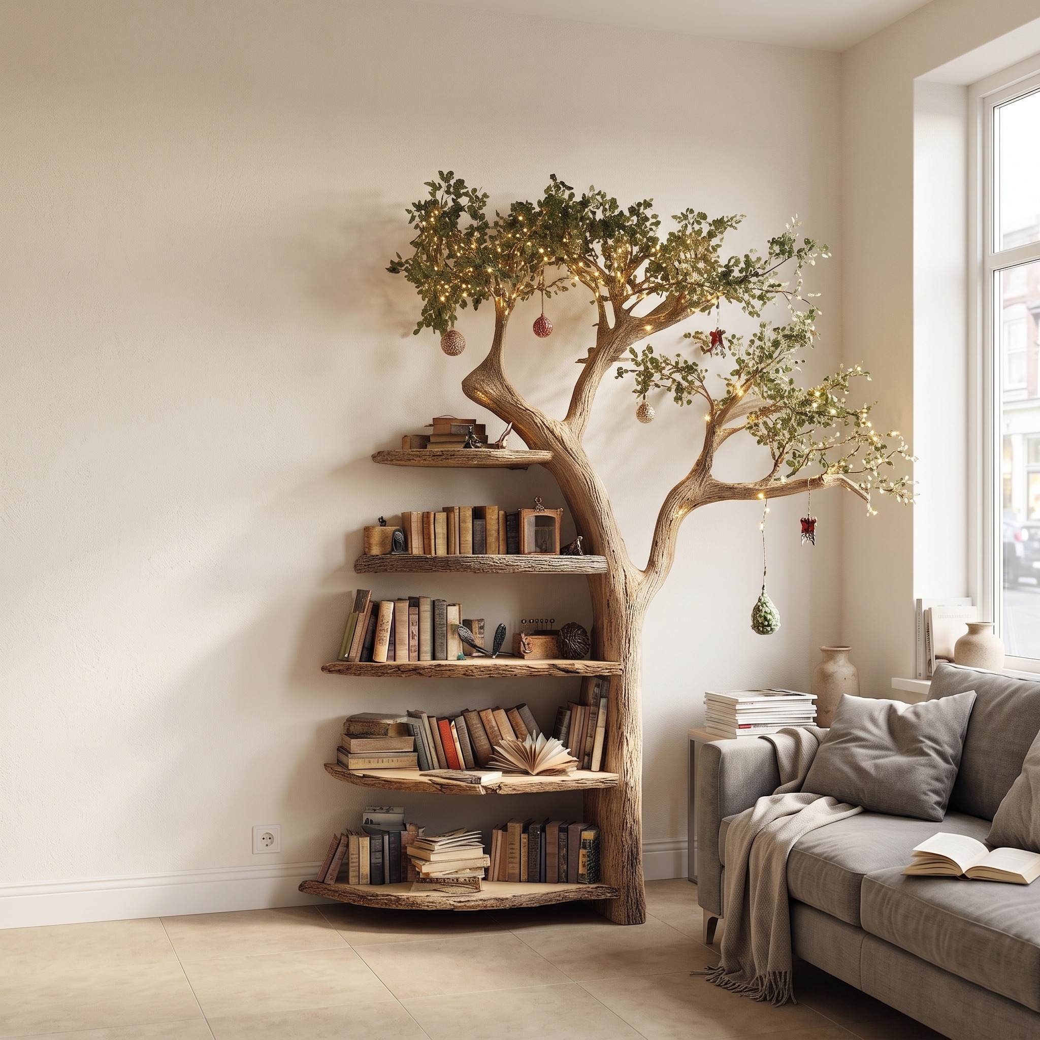 Rustic Branch Bookshelf Living Room Cozy Space