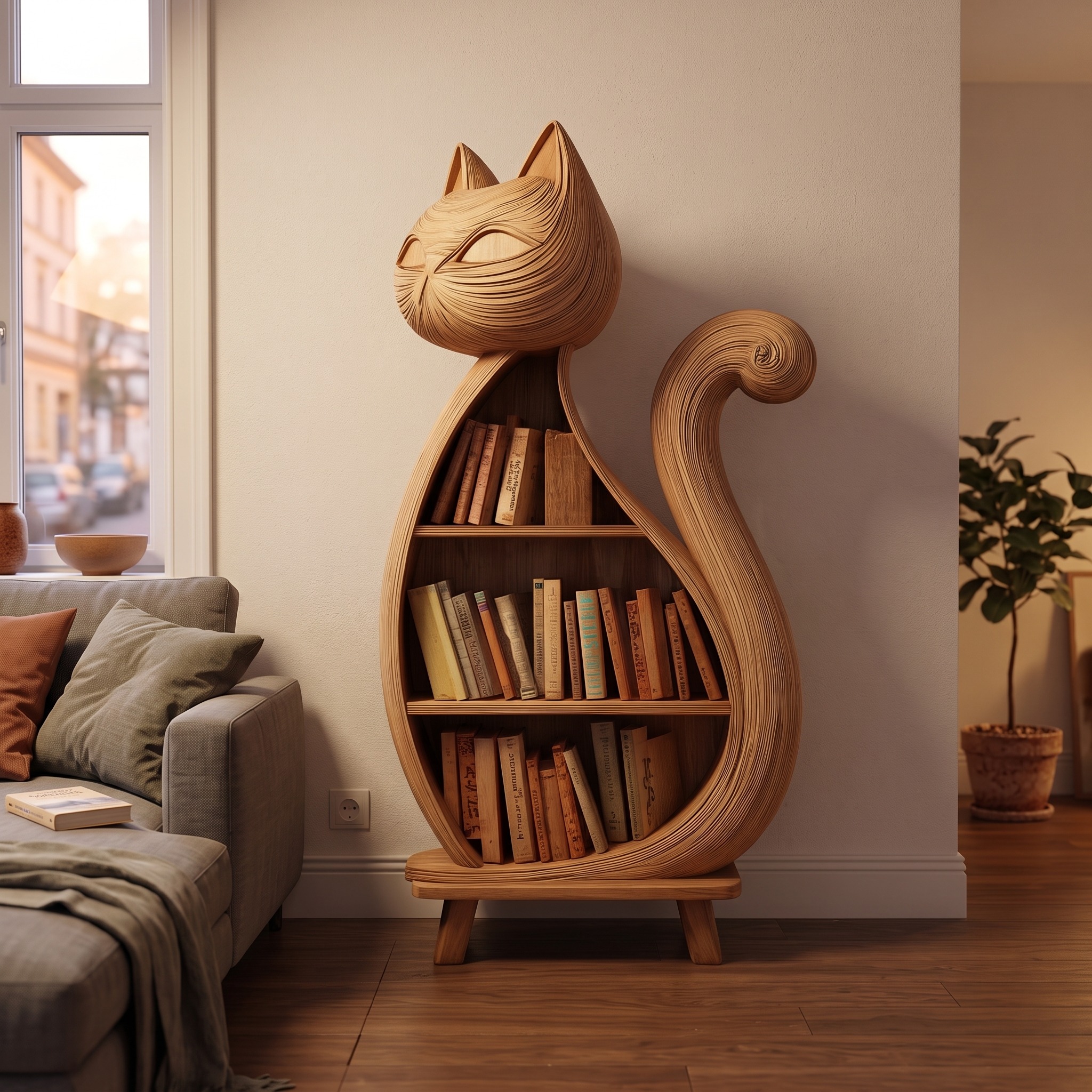 Rustic Cat Bookcase Children Bedroom Bookshelf