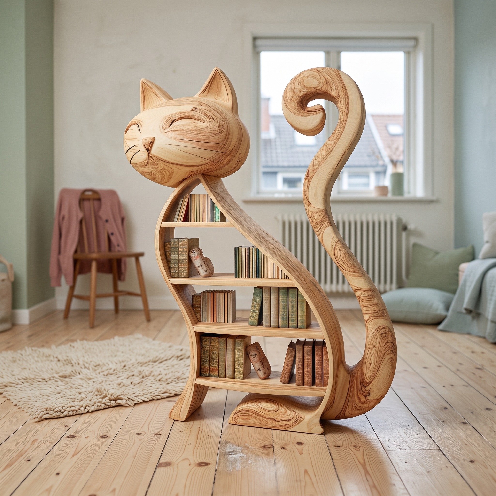 Rustic Cat Bookshelf Playroom Kids Storage Display