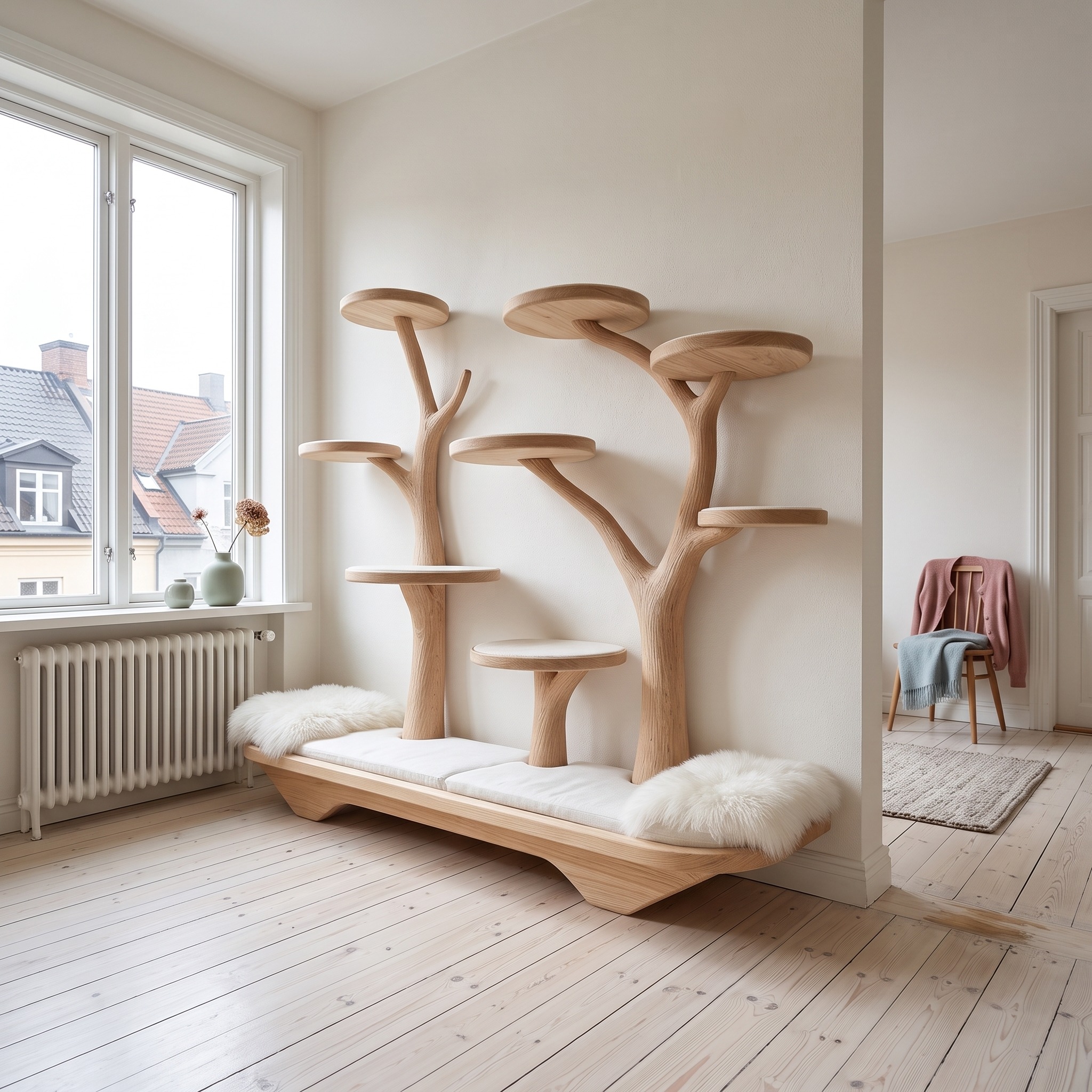 Rustic Cat Tree Play Furniture with Bench Living Room