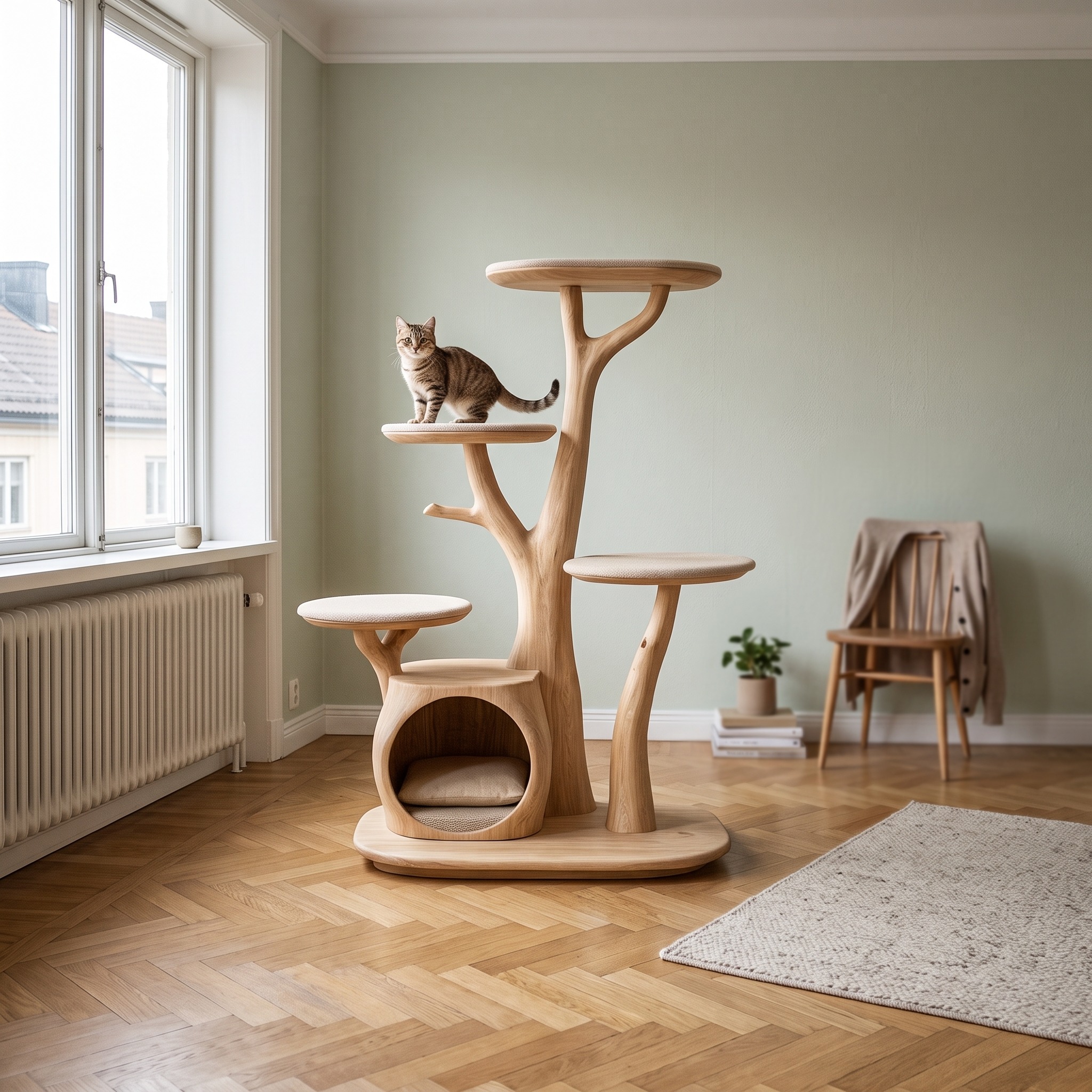Rustic Cat Tree Stand Living Room Pet Furniture with House