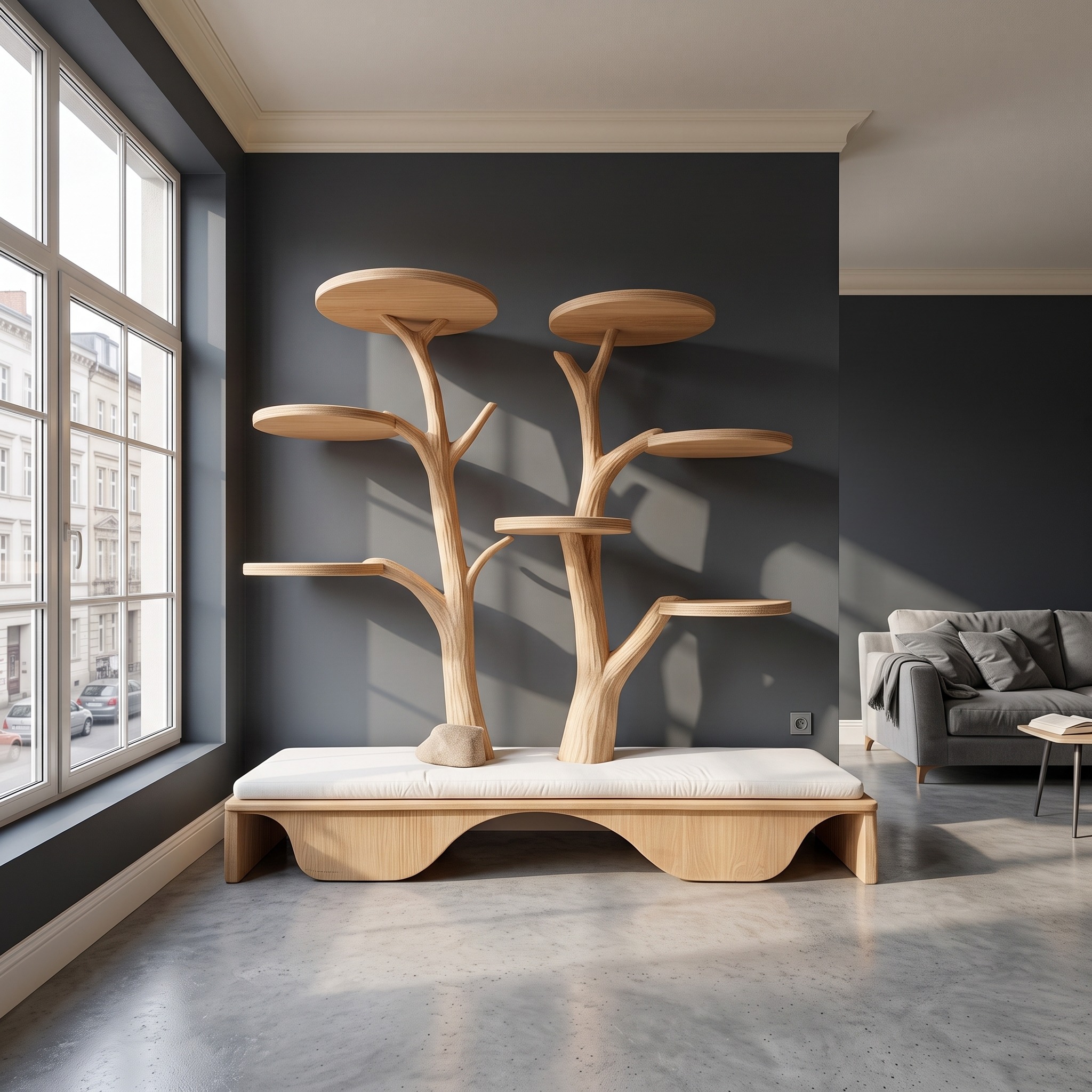 Rustic Cat Tree Wall Shelf Bedroom Seating Bench