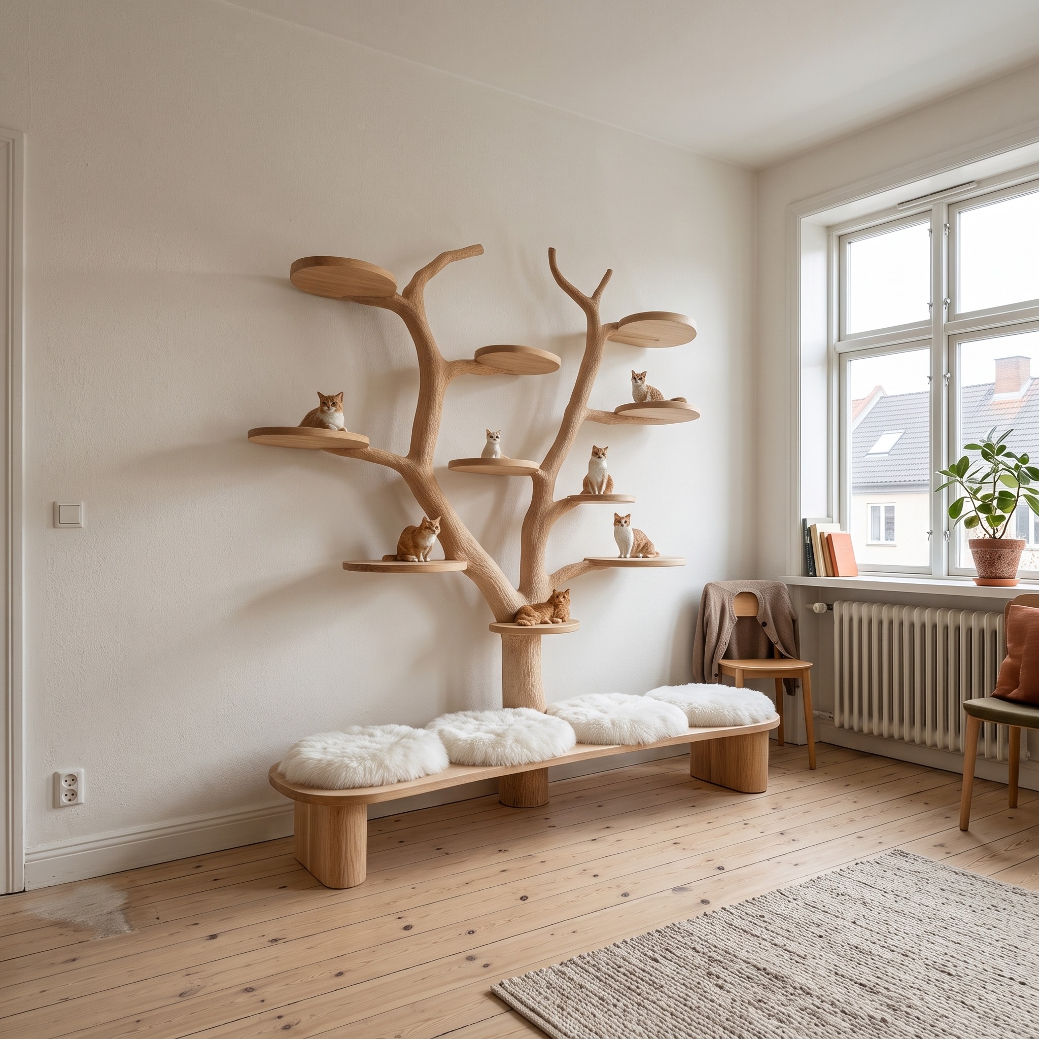 Rustic Cat Tree with Bench Living Room Pet Furniture