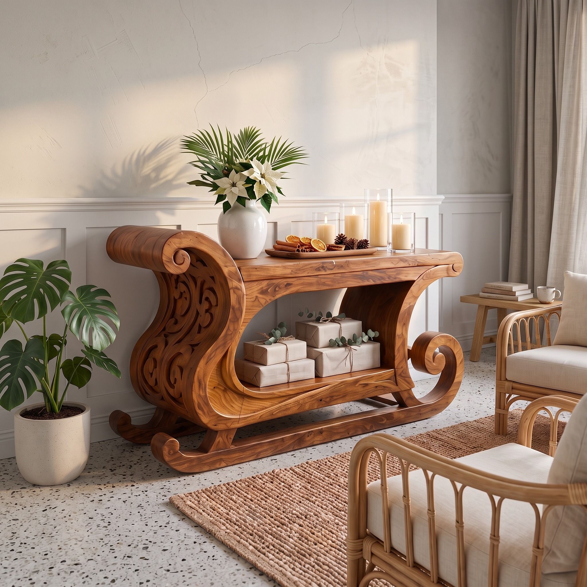 Rustic Christmas Console Table with Carved Sleigh Design for Living Room