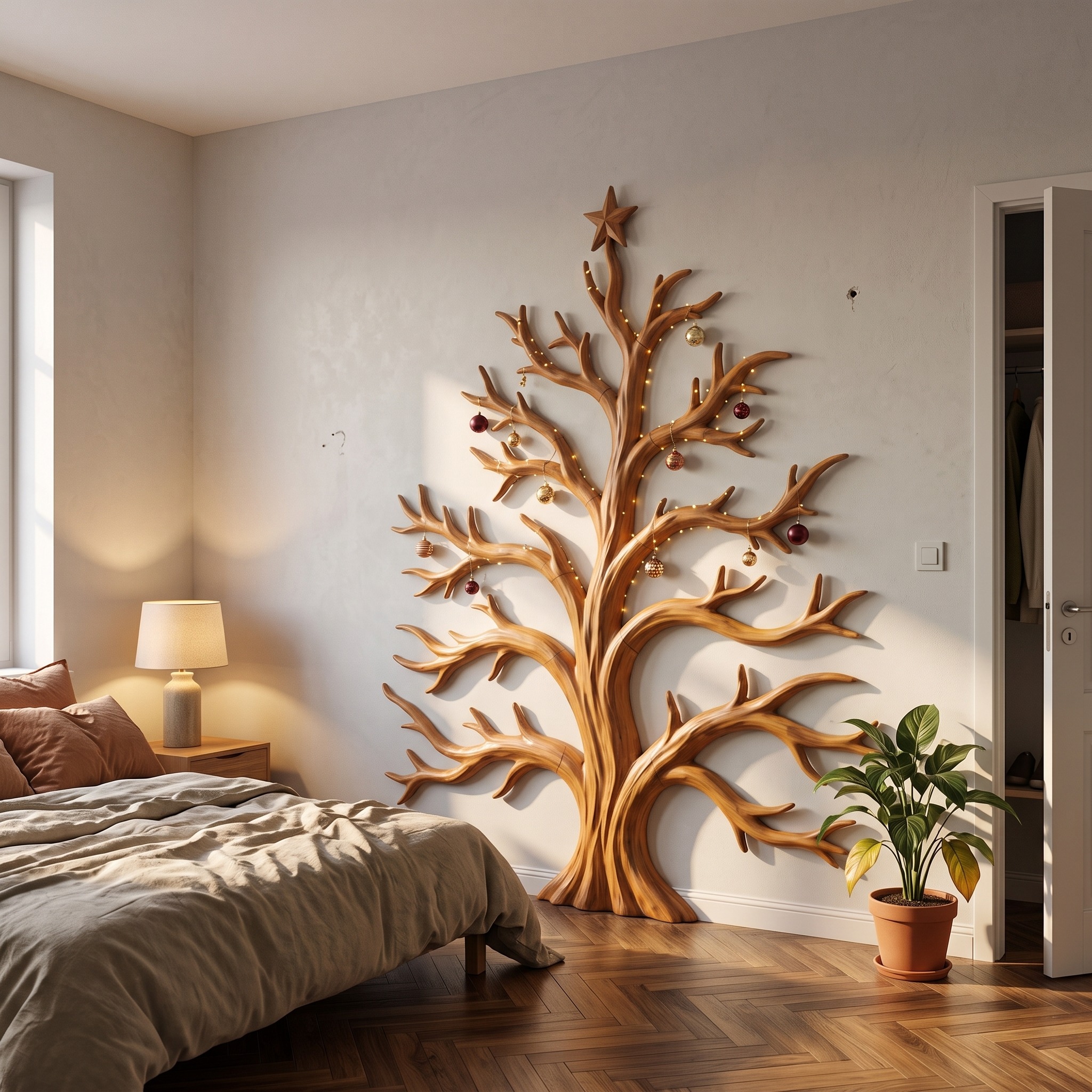 Rustic Christmas Wooden Wall Sculpture with Bare Branch Tree Design for Living Room