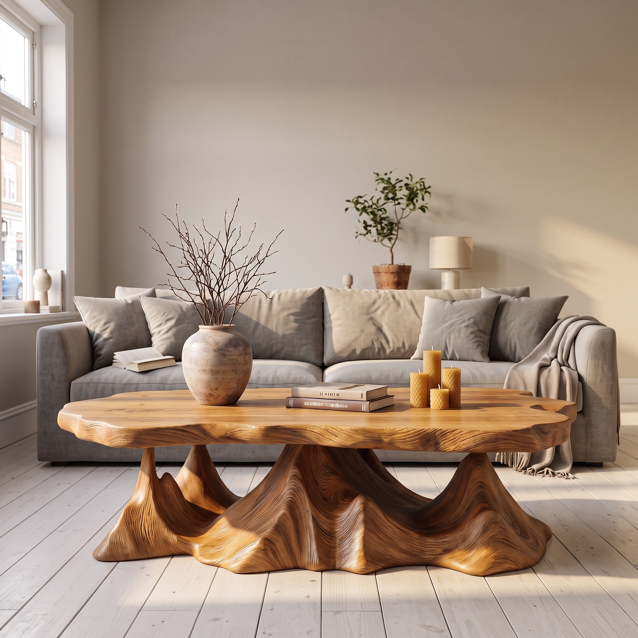 Rustic Coffee Table with Sculptural Wave Base for Living Room