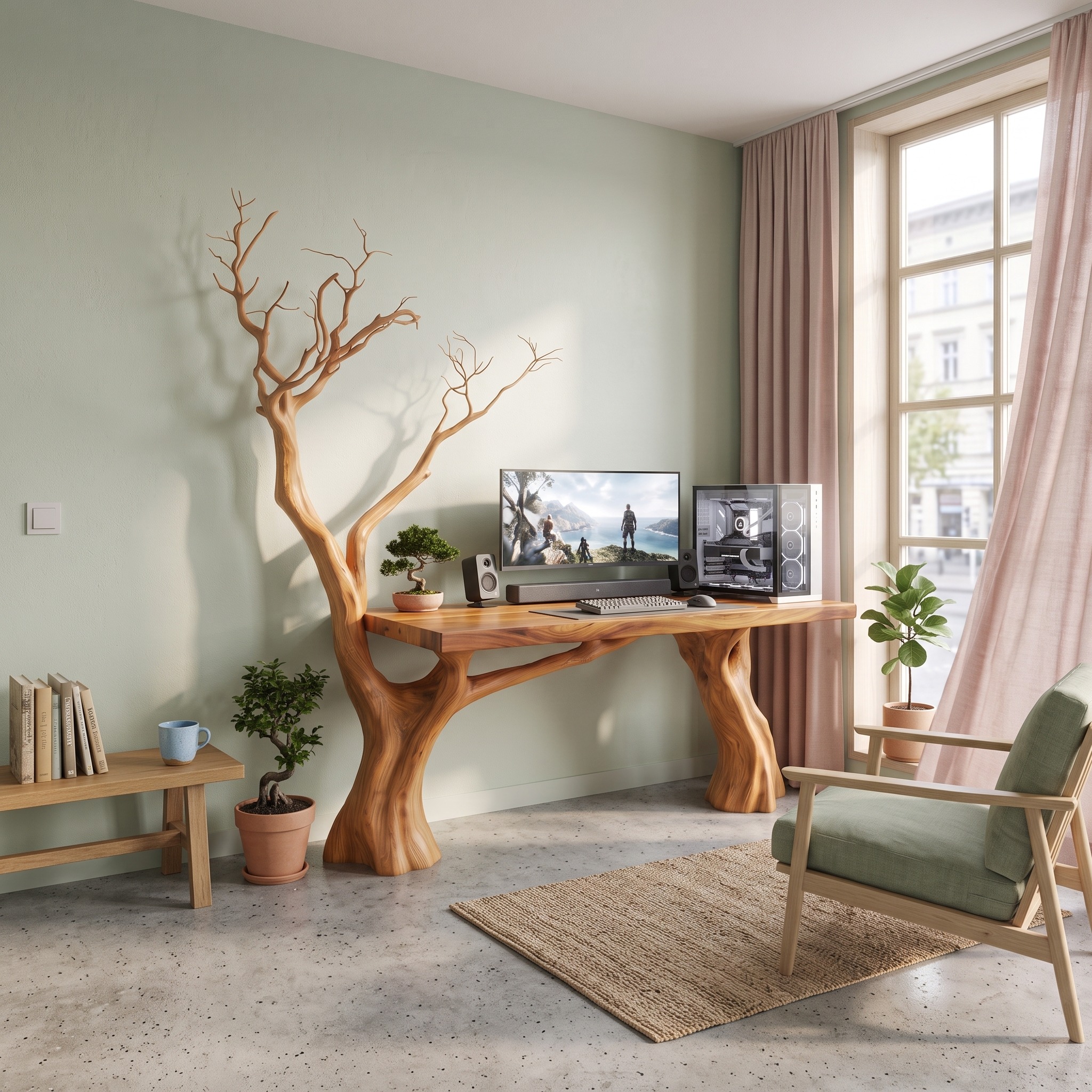 Rustic Computer Desk with Artistic Branch Inspired Base for Home Office