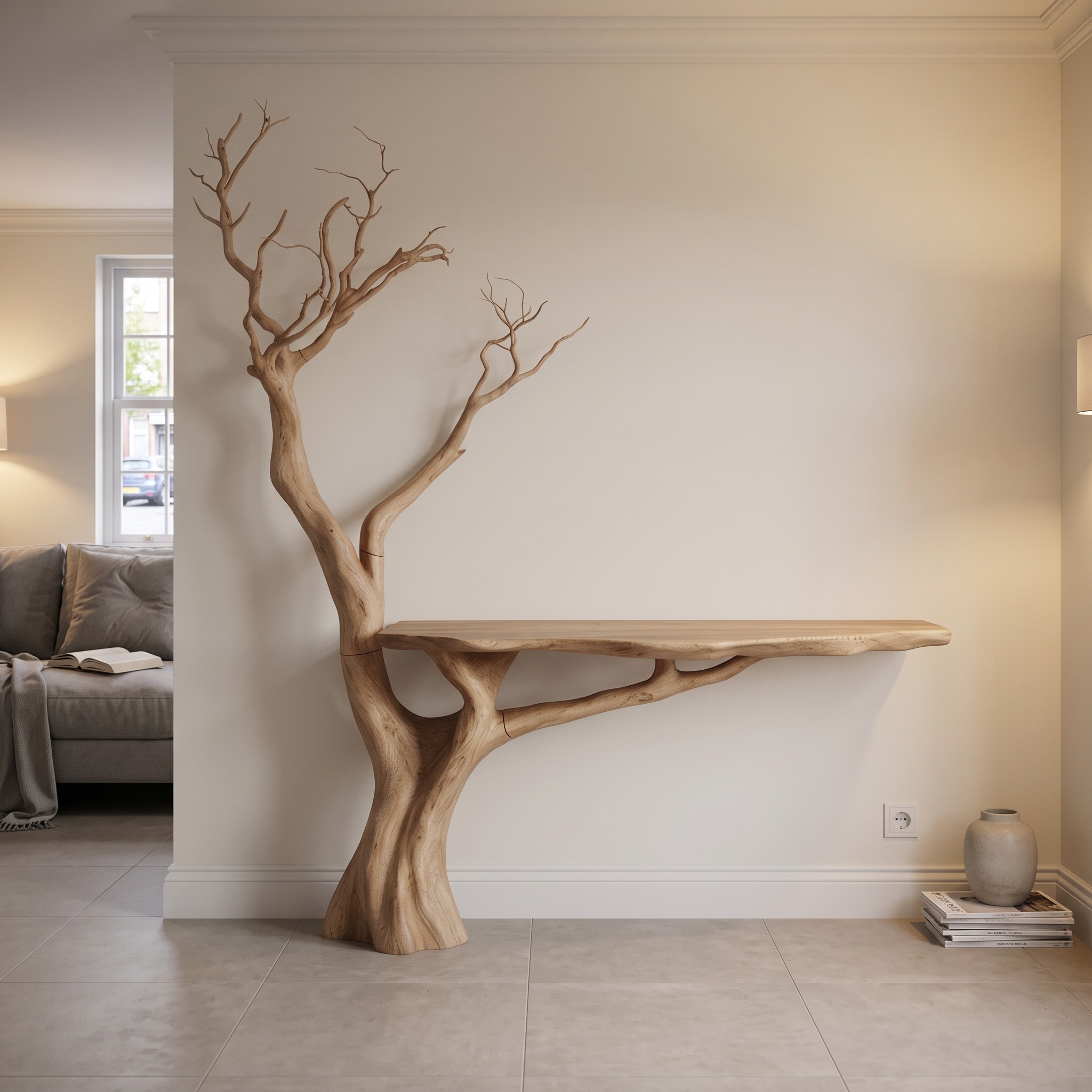Rustic Console Table Sculpted Wood Tree Hallway Entrance