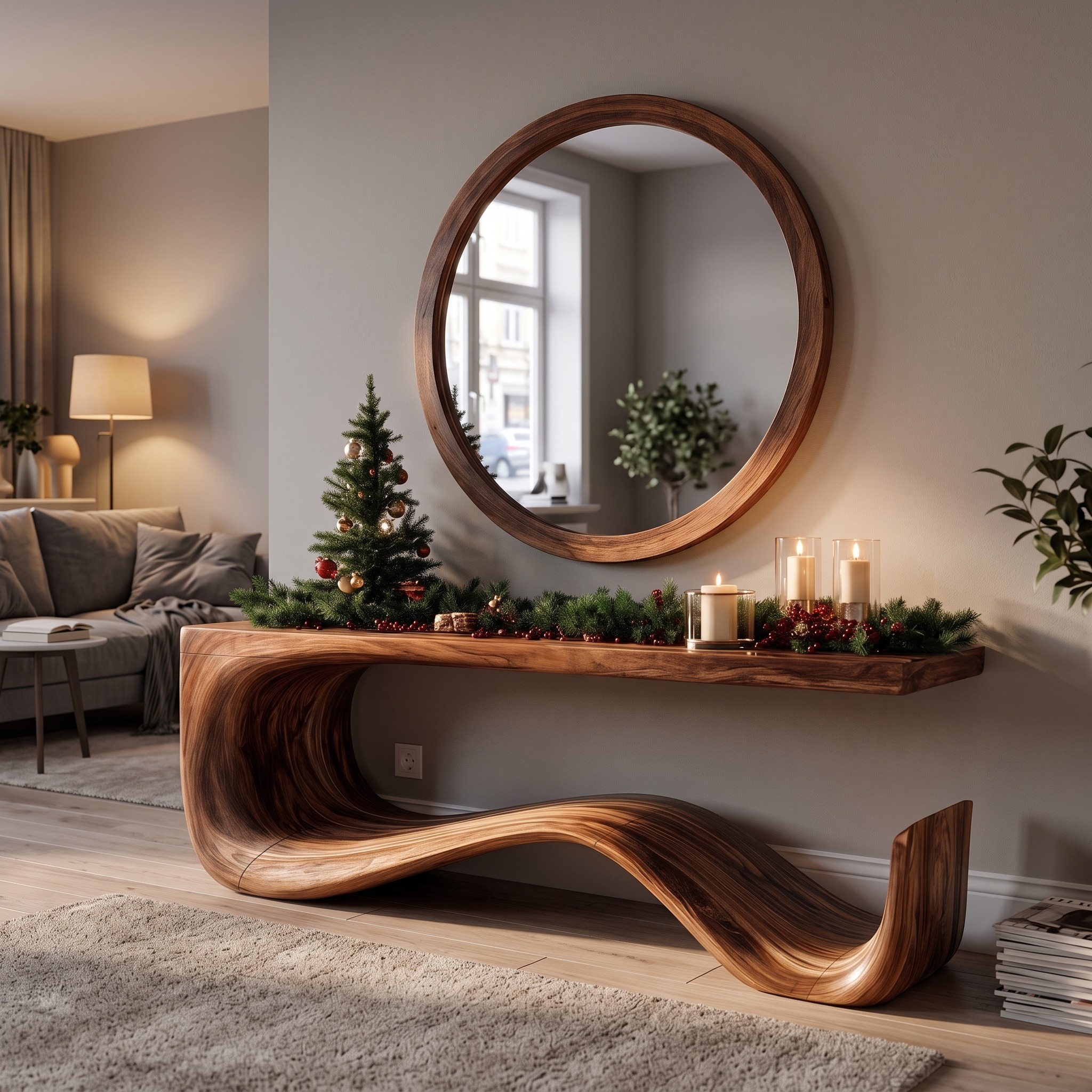 Rustic Console Table with Handcrafted Curved Wood Design for Entryway