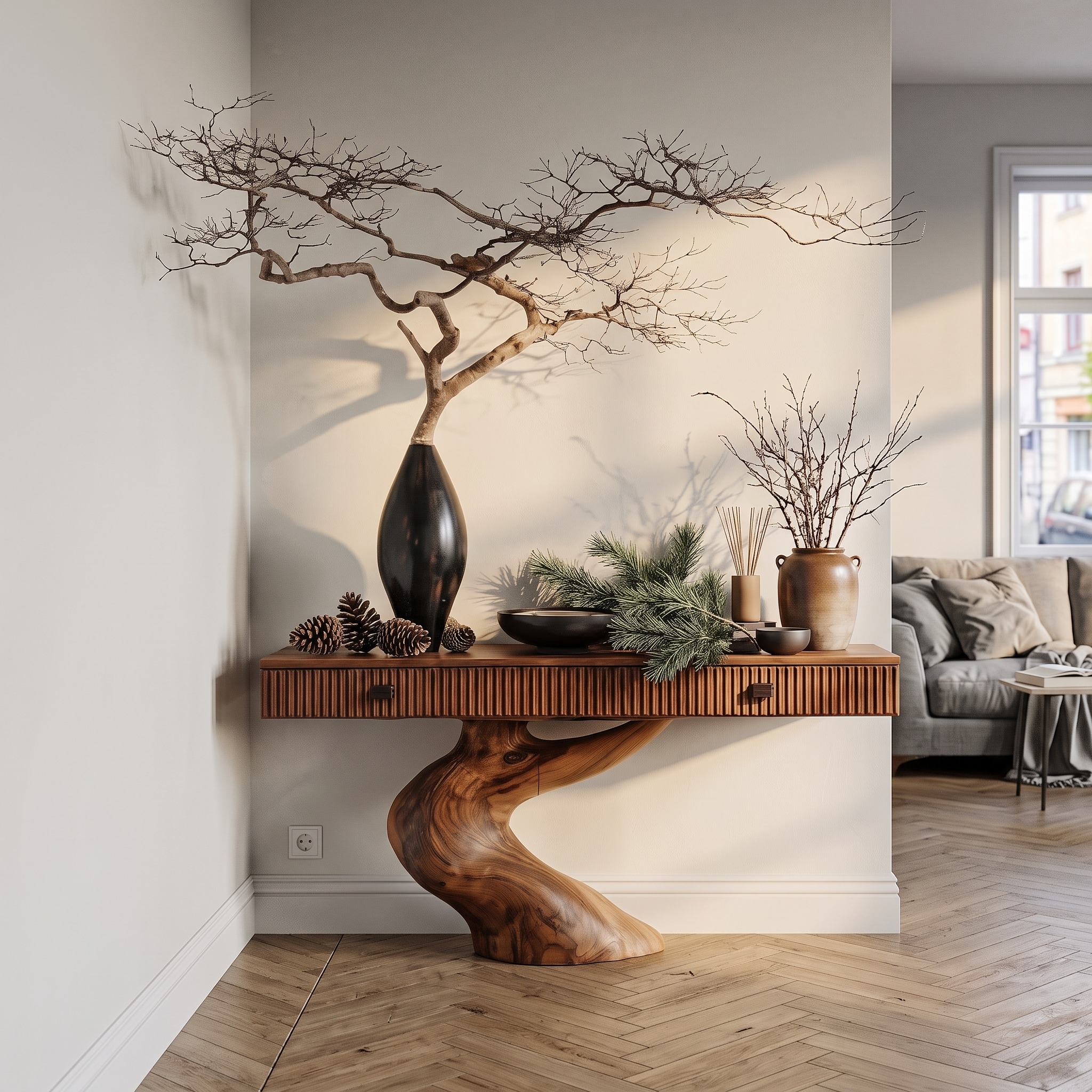 Rustic Console Table with Integrated Drawers and Artistic Tree Root Pedestal for Living Room