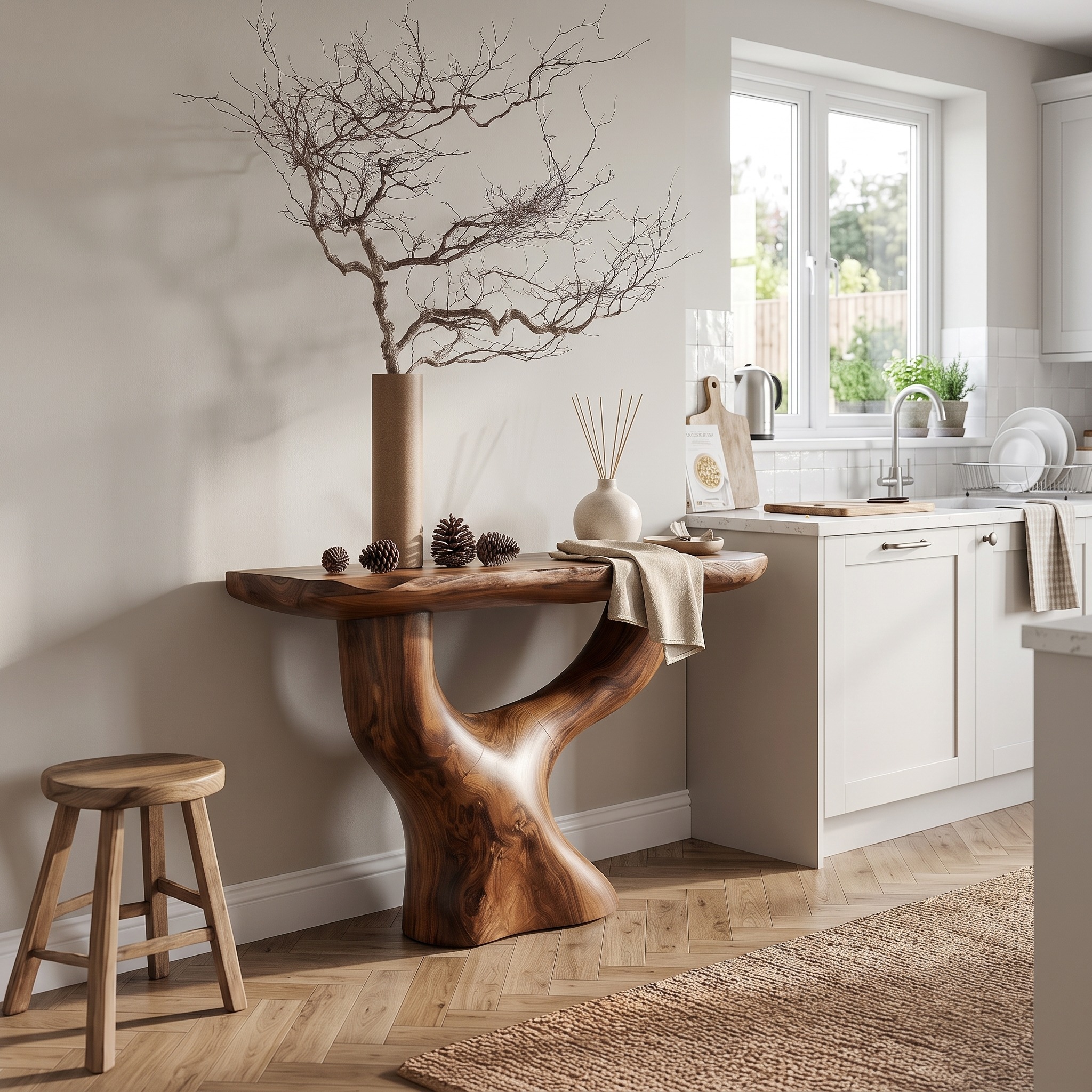 Rustic Console Table with Sculptural Tree Root Base for Entryway