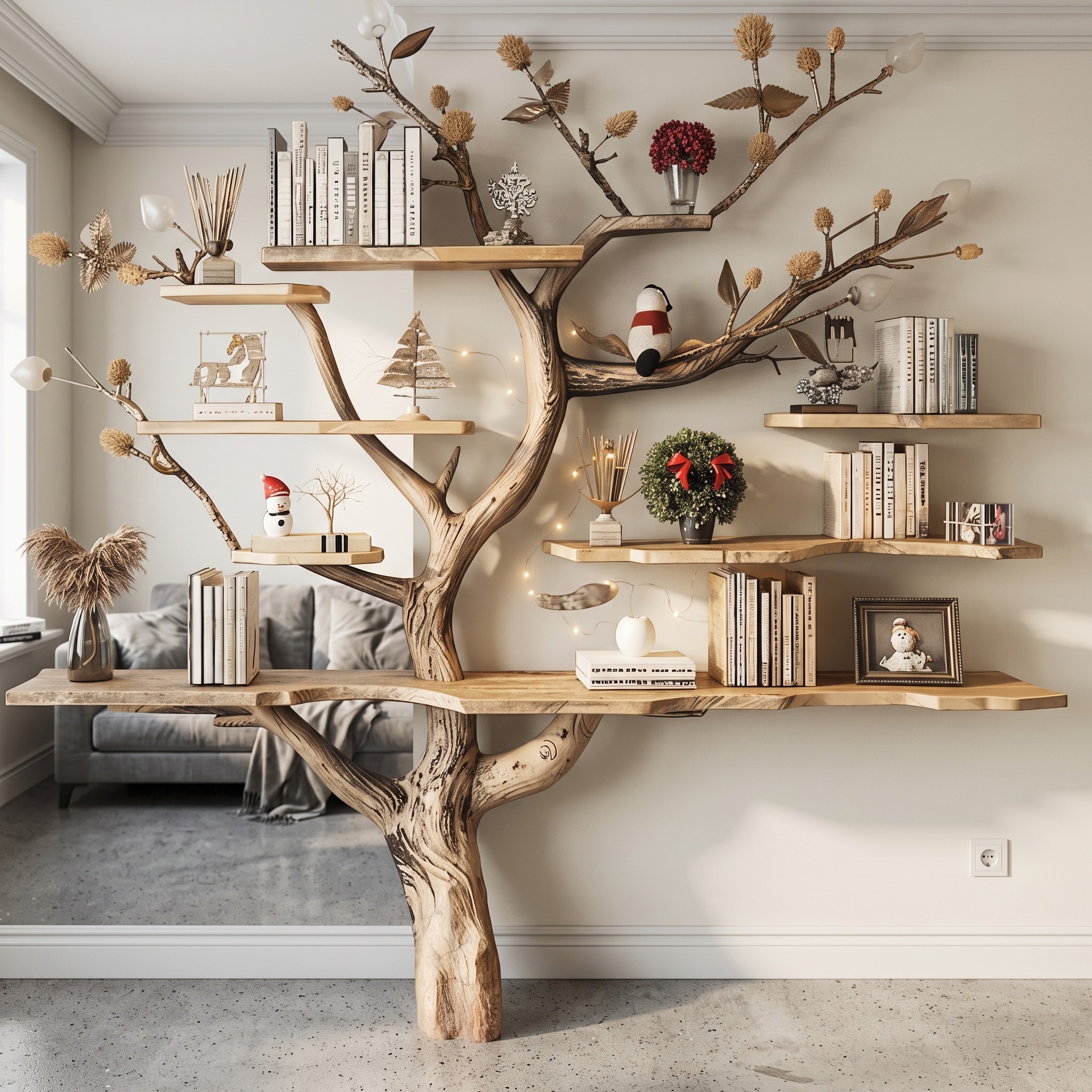 Rustic Console Table with Tree Branch Bookcase