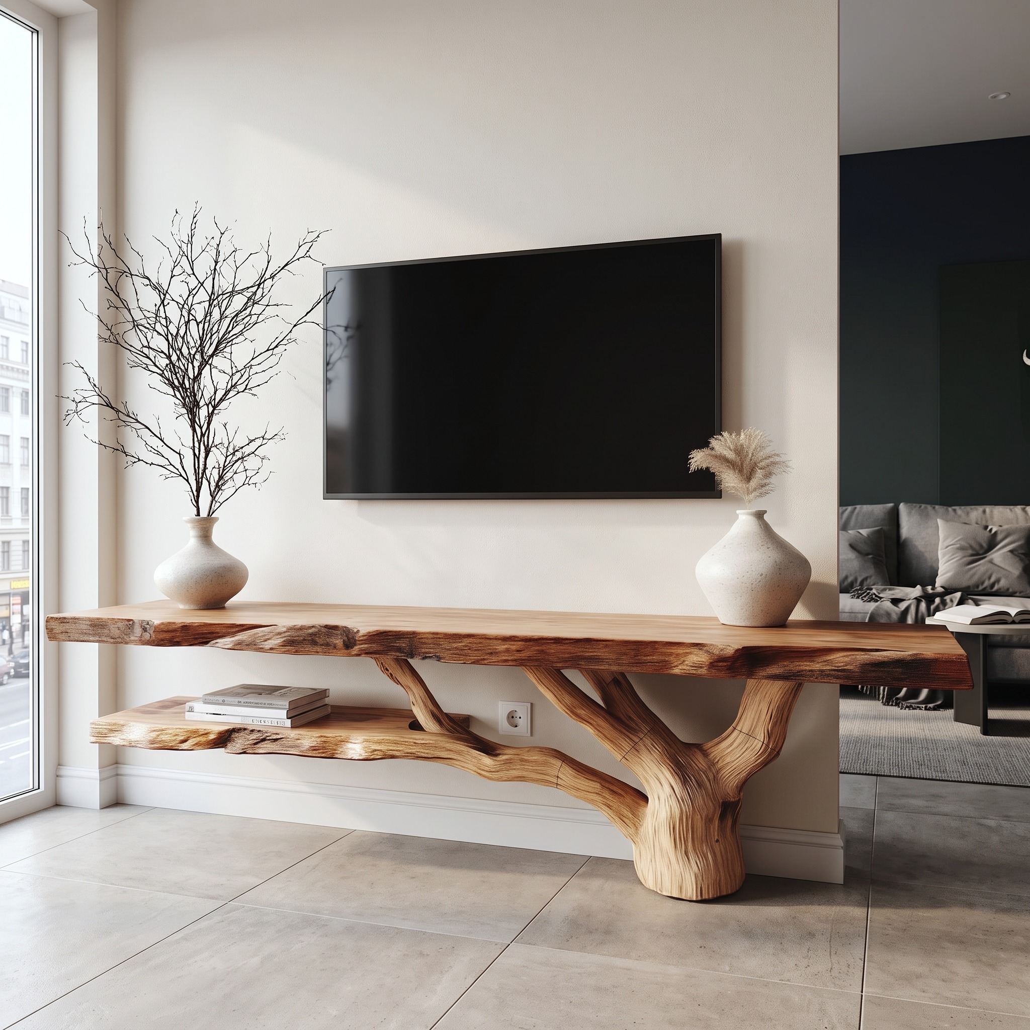 Rustic Console Table Wood Backing Statement Luxury Showroom