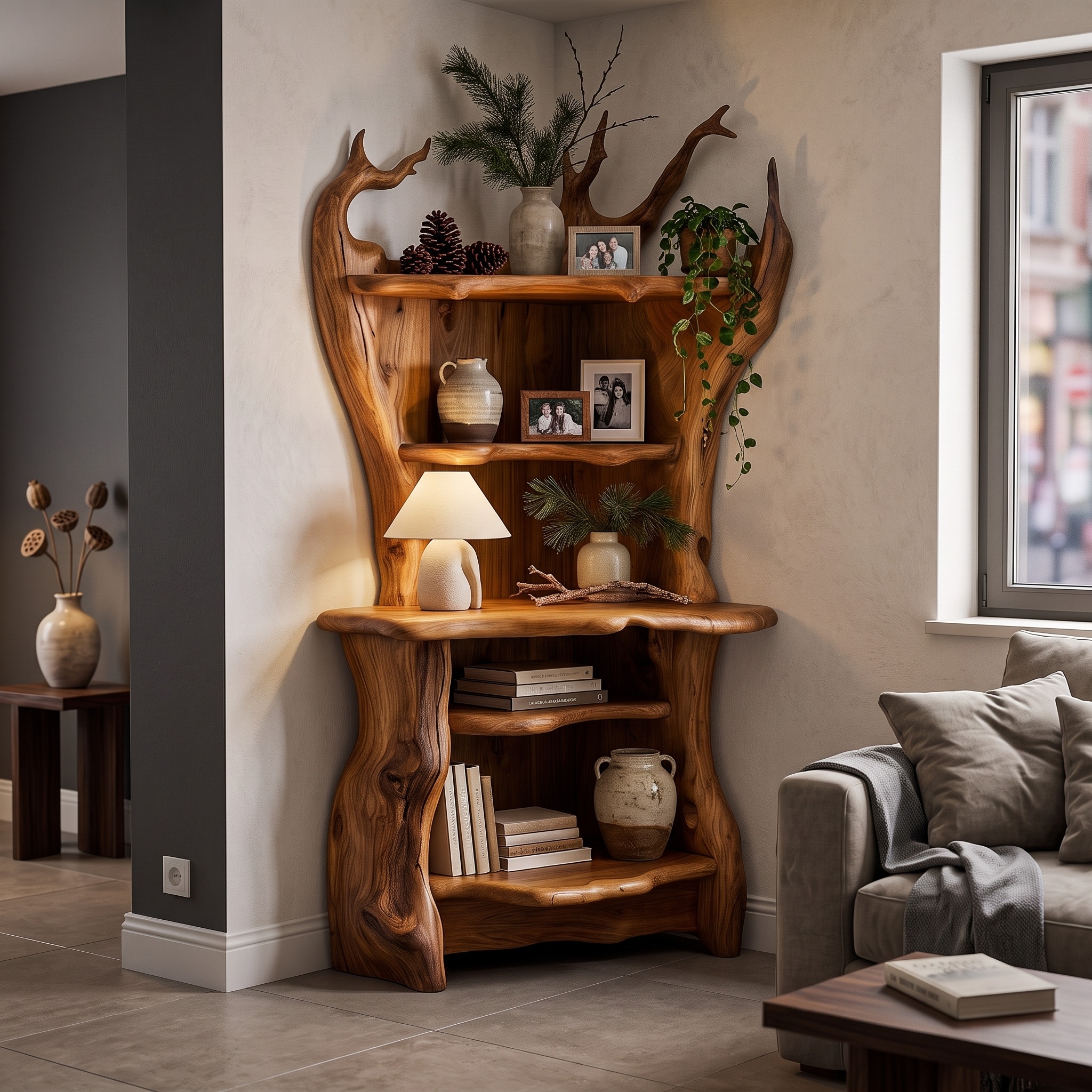Rustic Corner Bookcase with Live Edge Shelves for Reading Nook