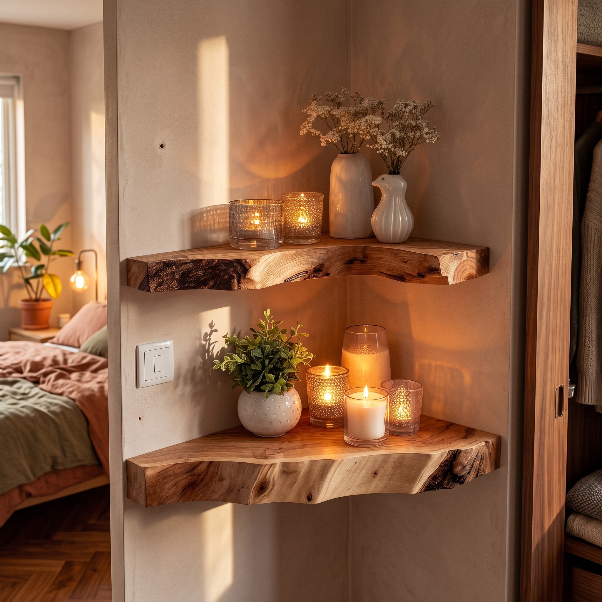 Rustic Corner Floating Shelf Reading Nook