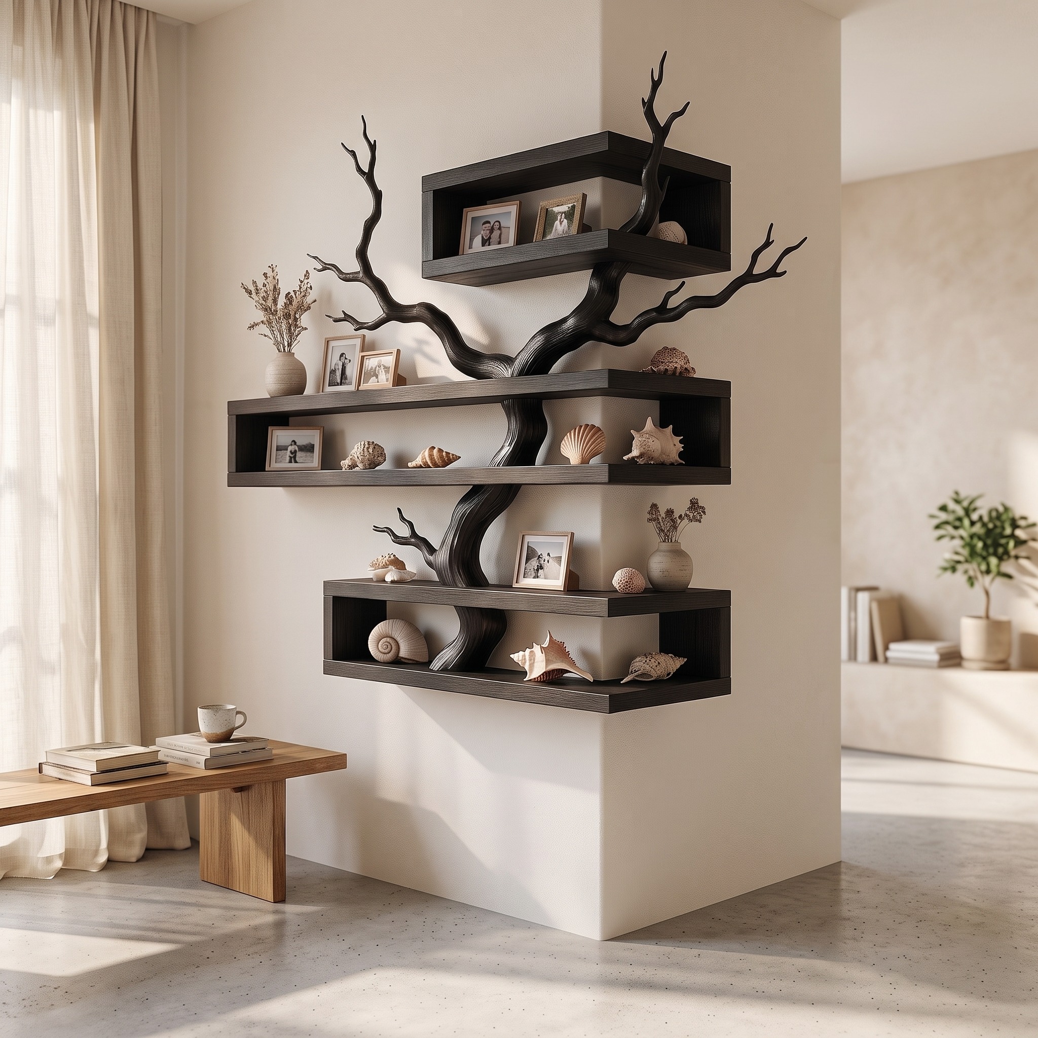 Rustic Corner Floating Shelf with Artistic Branch Shelves for Living Room