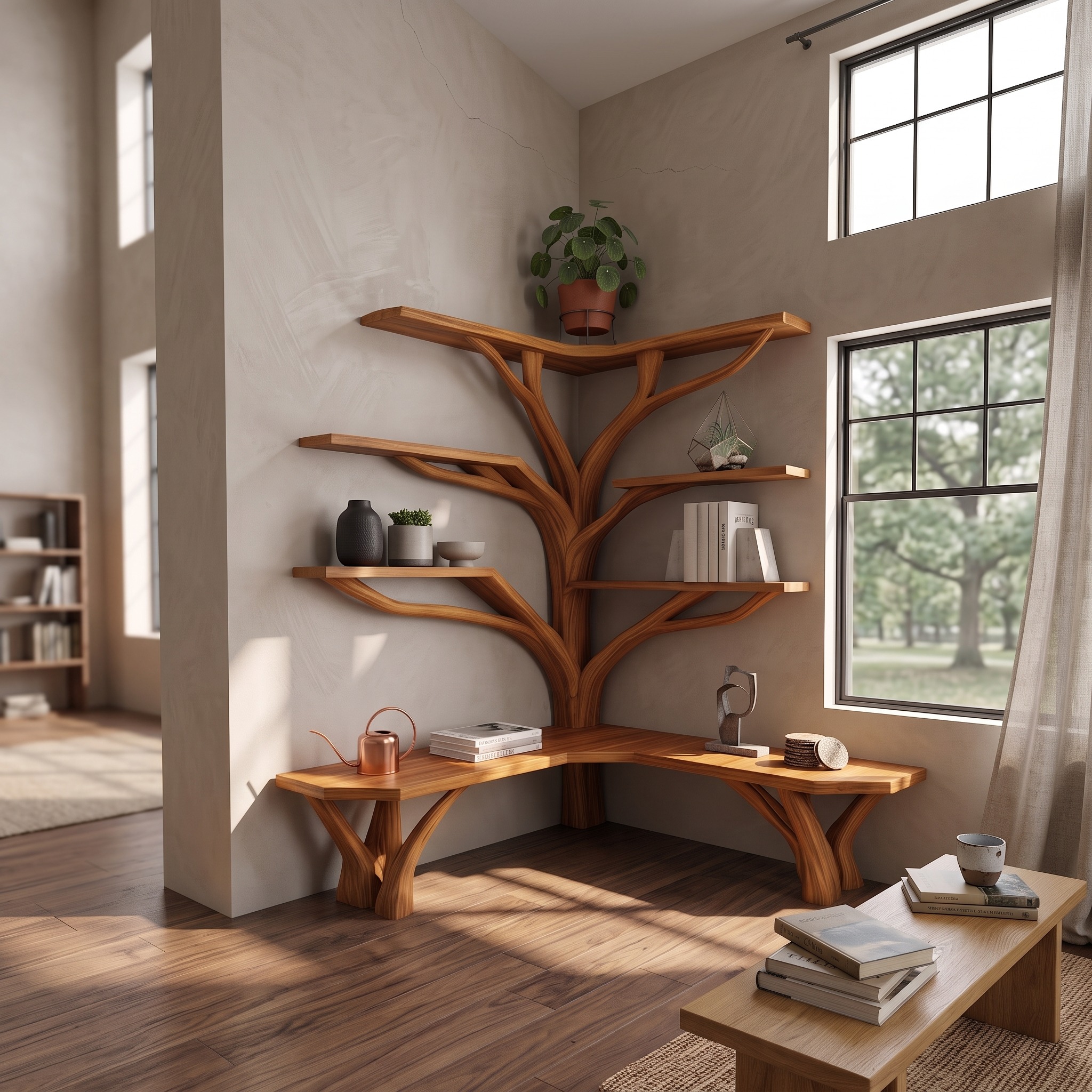 Rustic Corner Tree Shelf Reading Nook