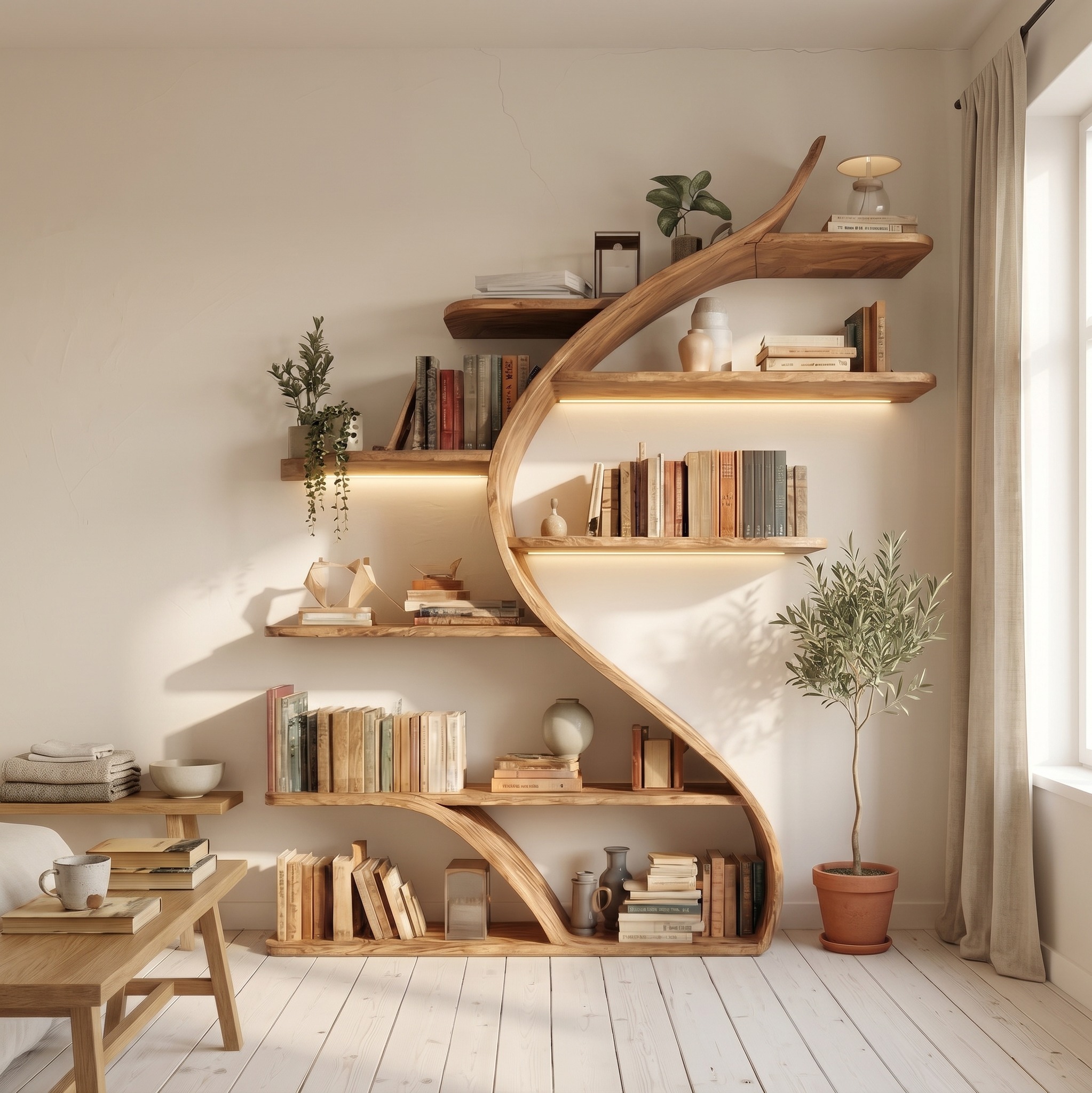 Rustic Curved Wall Bookshelf for Bedroom and Living Room