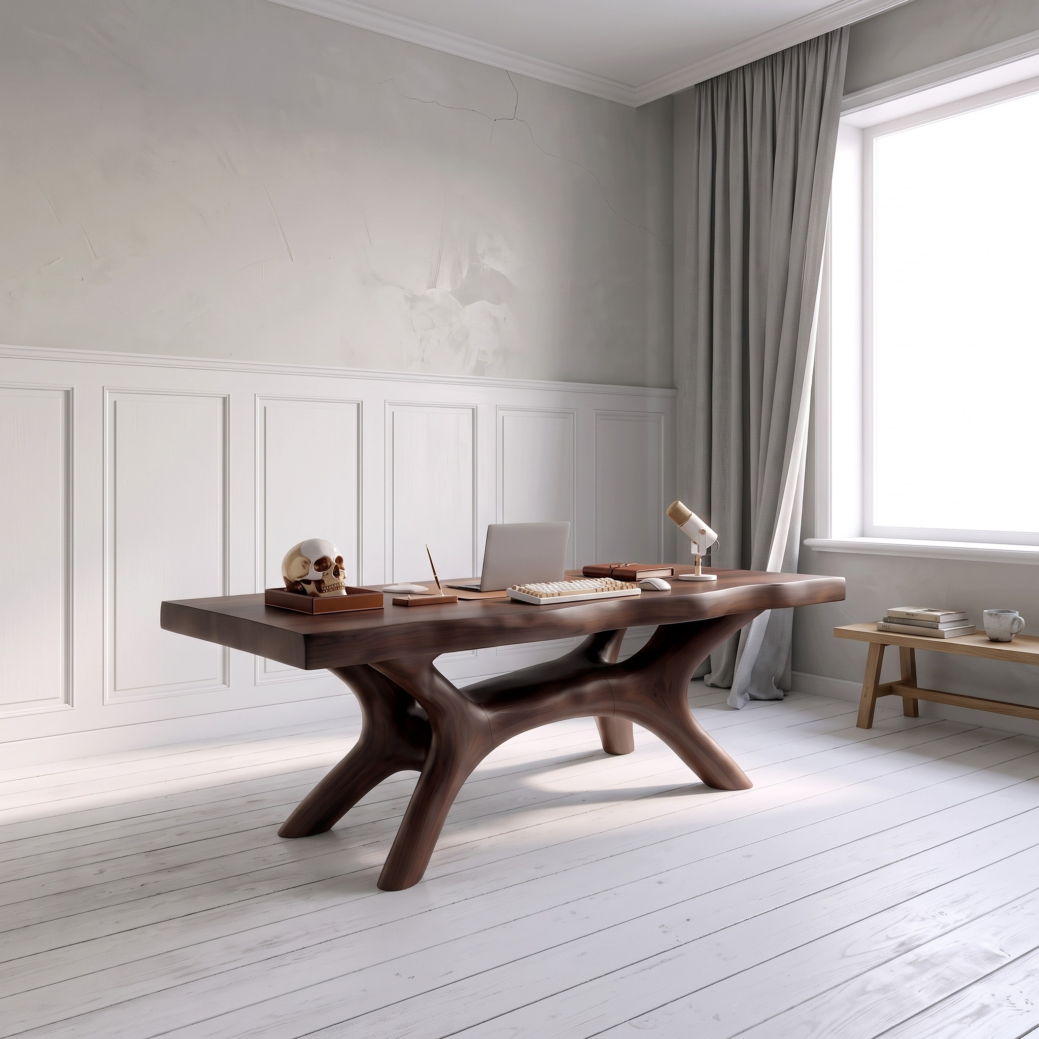 Rustic Dark Office Desk with Sculptural Arch Legs for Home Office
