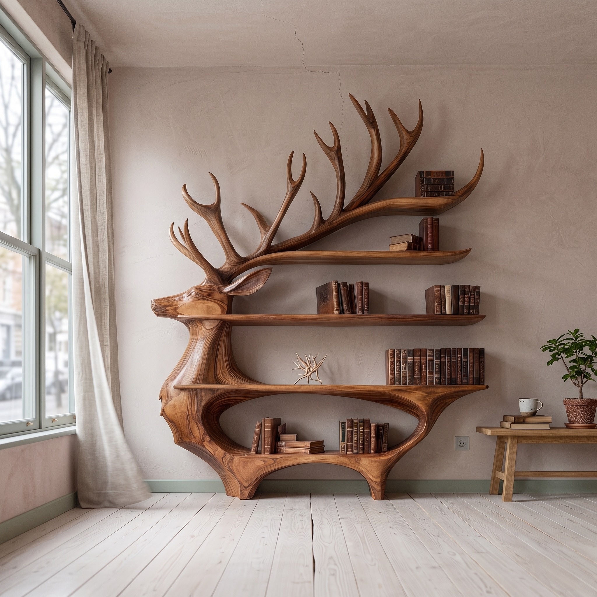 Rustic Deer Shaped Display Shelf Entryway or Living Room