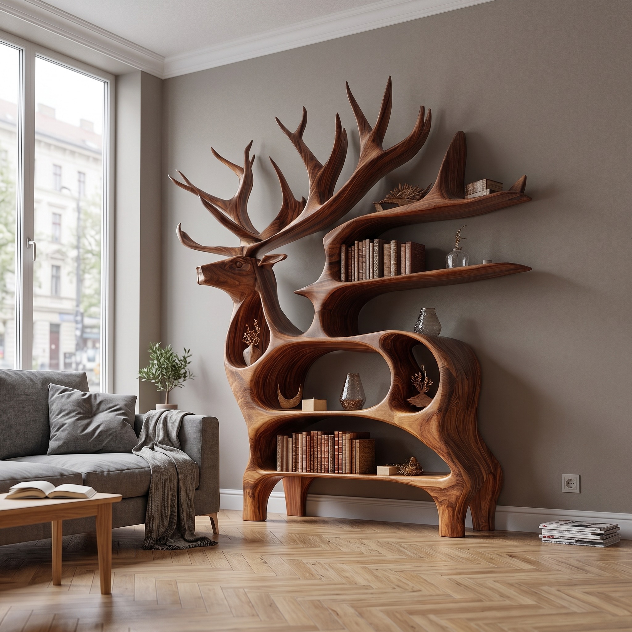 Rustic Deer Wall Shelf Artistic Bookshelf Living Room