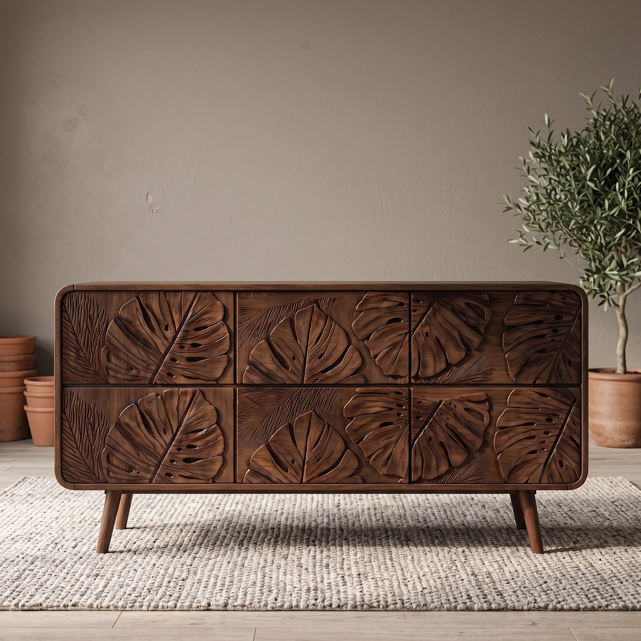 Rustic Dresser with Carved Floral Front for Bed Room