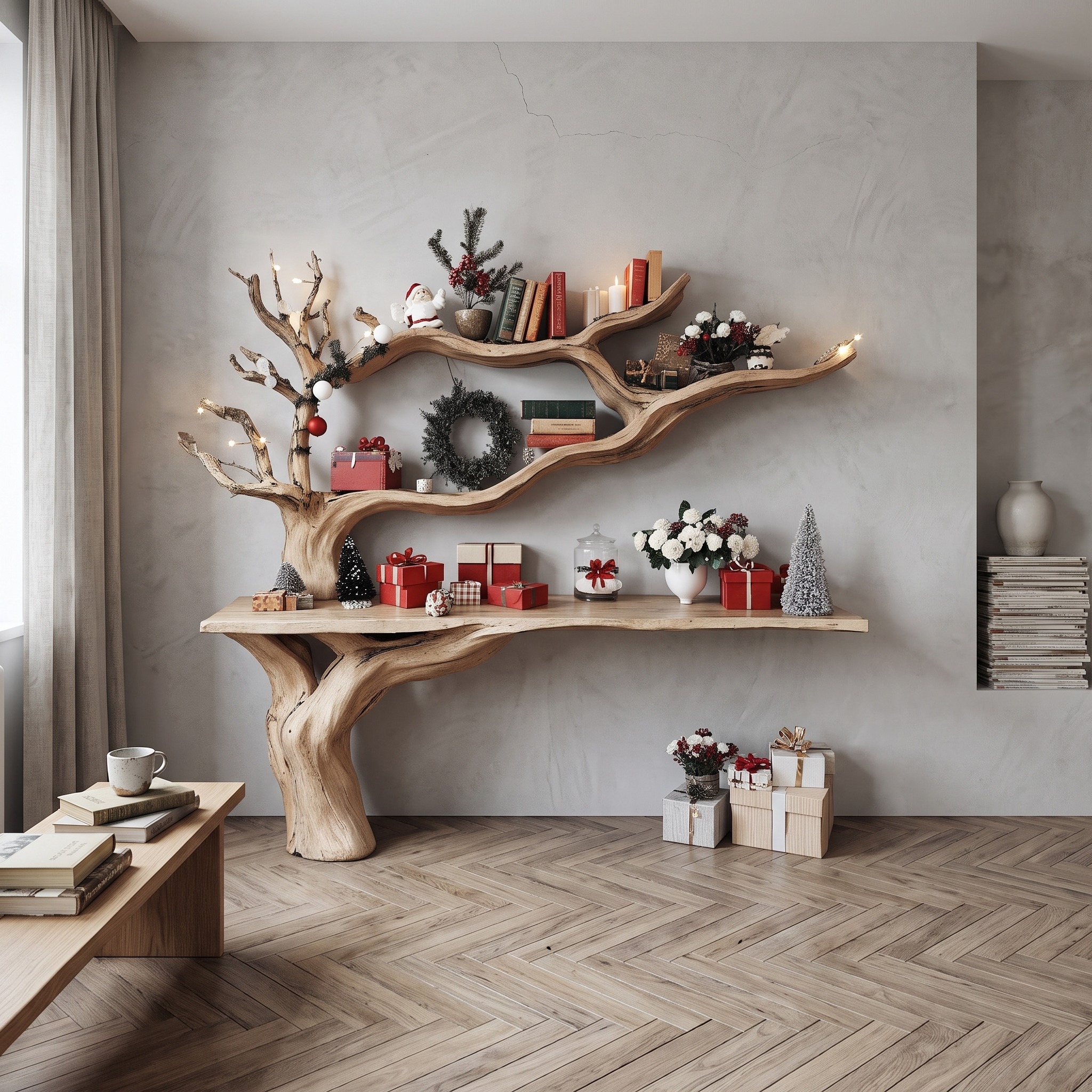 Rustic Entryway Console Table with Tree Bookshelves