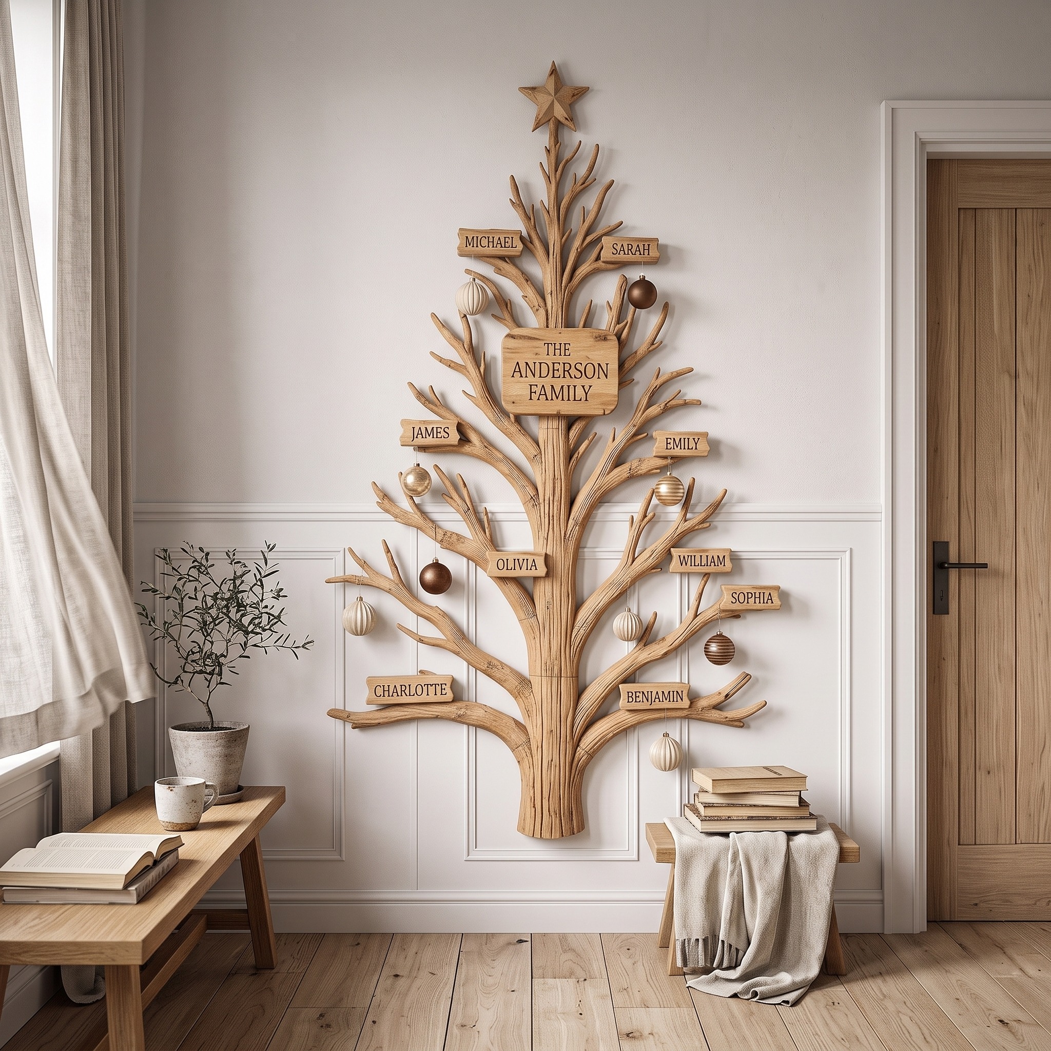 Rustic Family Tree Wall Decor with Personalized Family Name for Entryway and Living Room