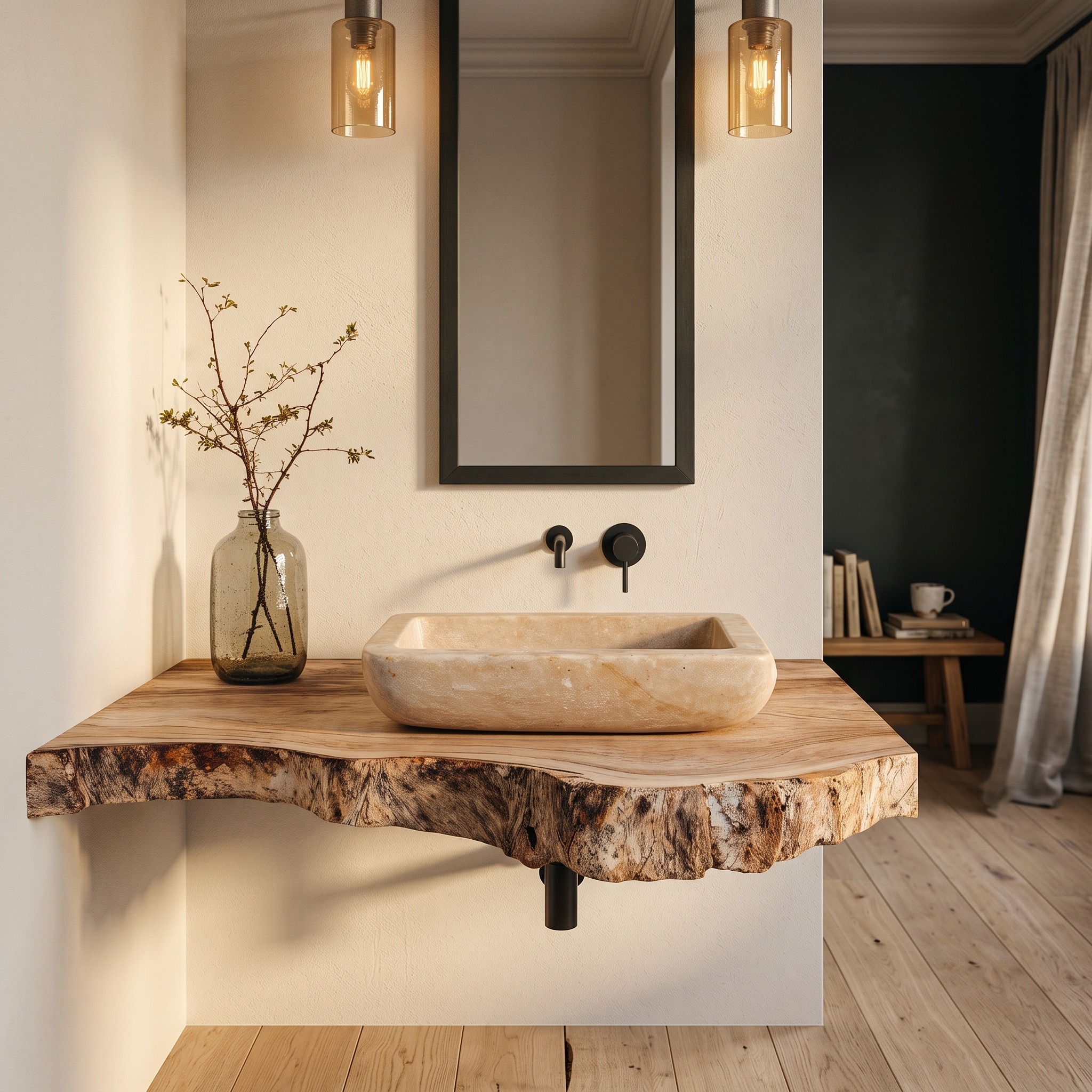 Rustic Farmhouse Bathroom Floating Shelf with Live Edge