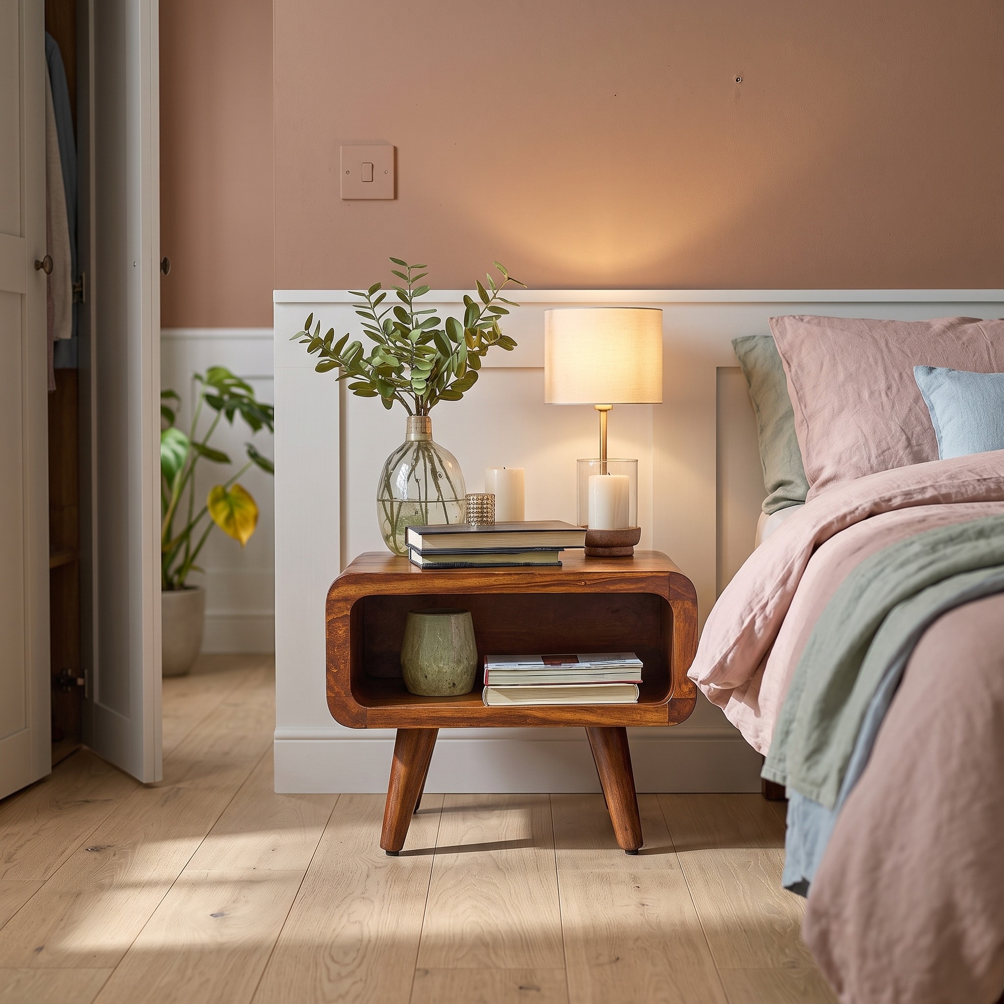 Rustic Farmhouse Wooden Nightstand with Storage Shelf