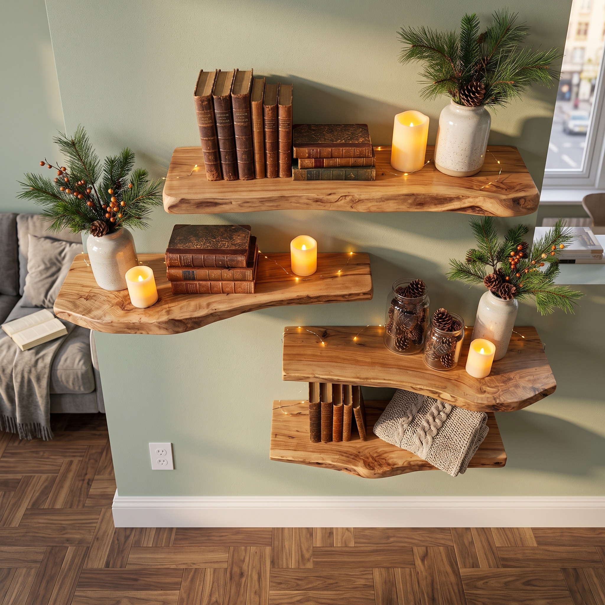 Rustic Fireplace Wall Shelves Solid Wood Organic Display