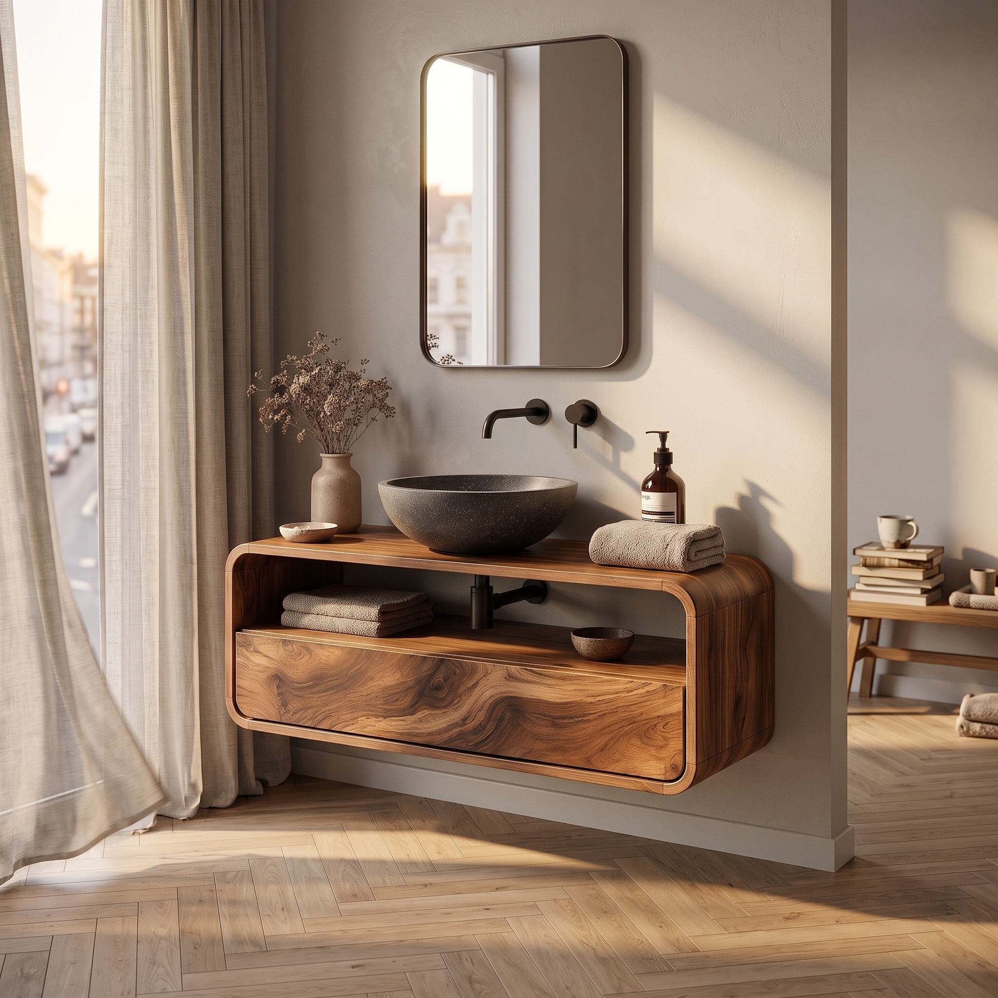 Rustic Floating Bathroom Vanity with Built in Storage Drawer for Bathroom