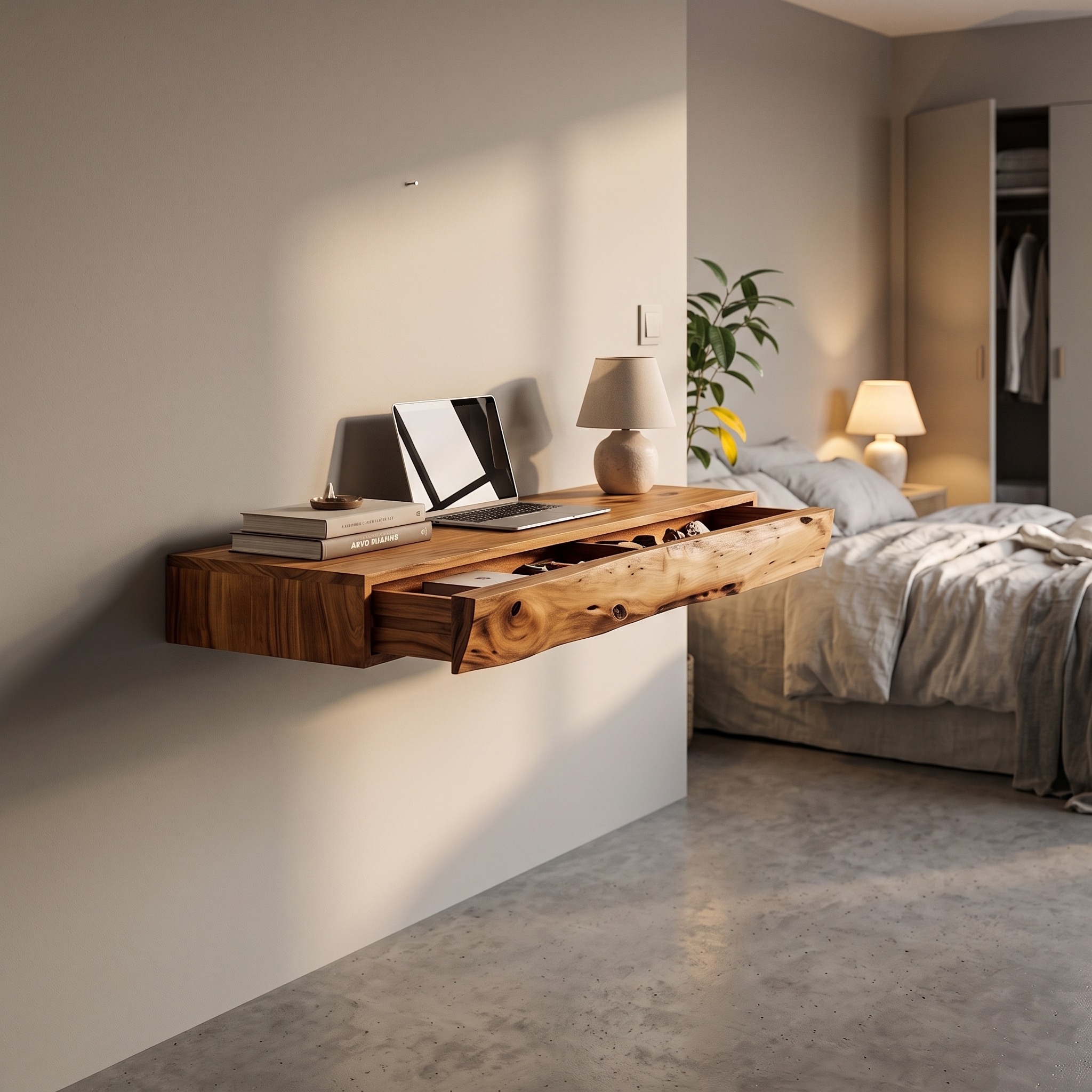 Rustic Floating Desk with Live Edge Design for Home Office and Workspace