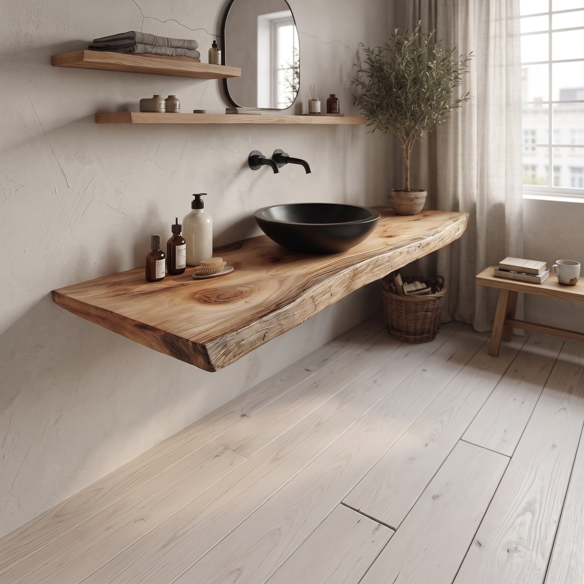 Rustic Floating Shelf Natural Edge Powder Room