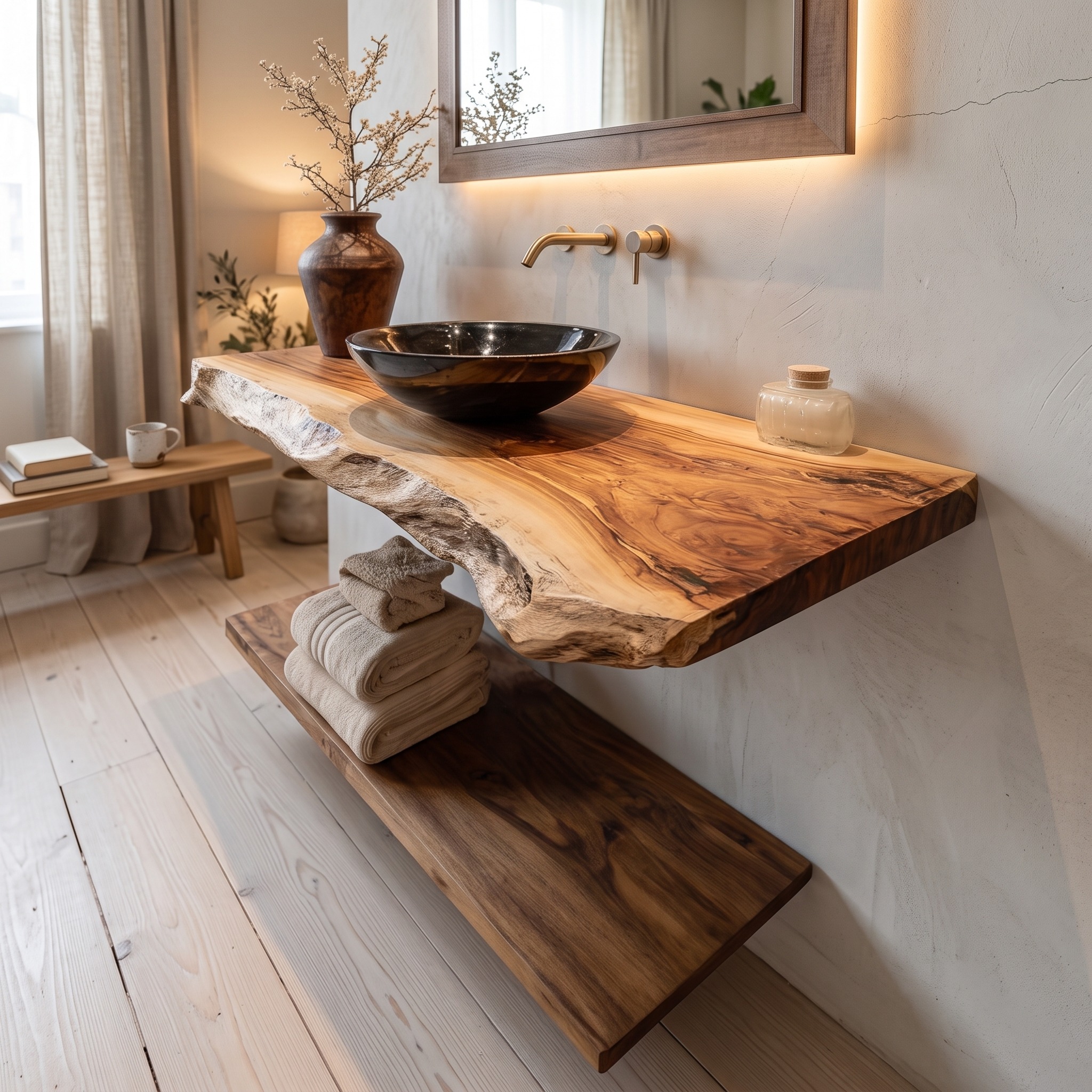 Rustic Floating Shelf Natural Edge Vanity Powder Room