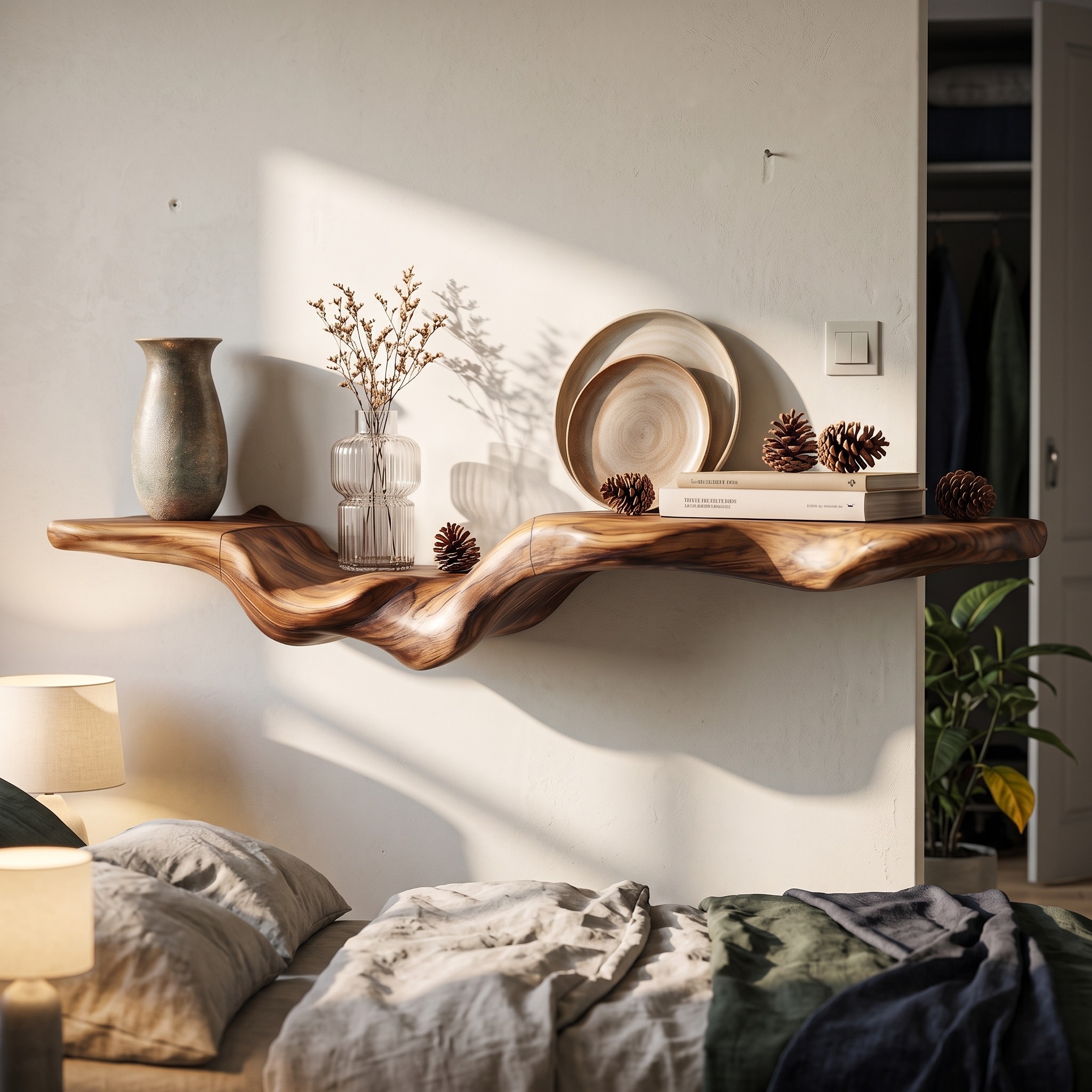 Rustic Floating Shelf with Natural Wood Flowing Form for Living Room