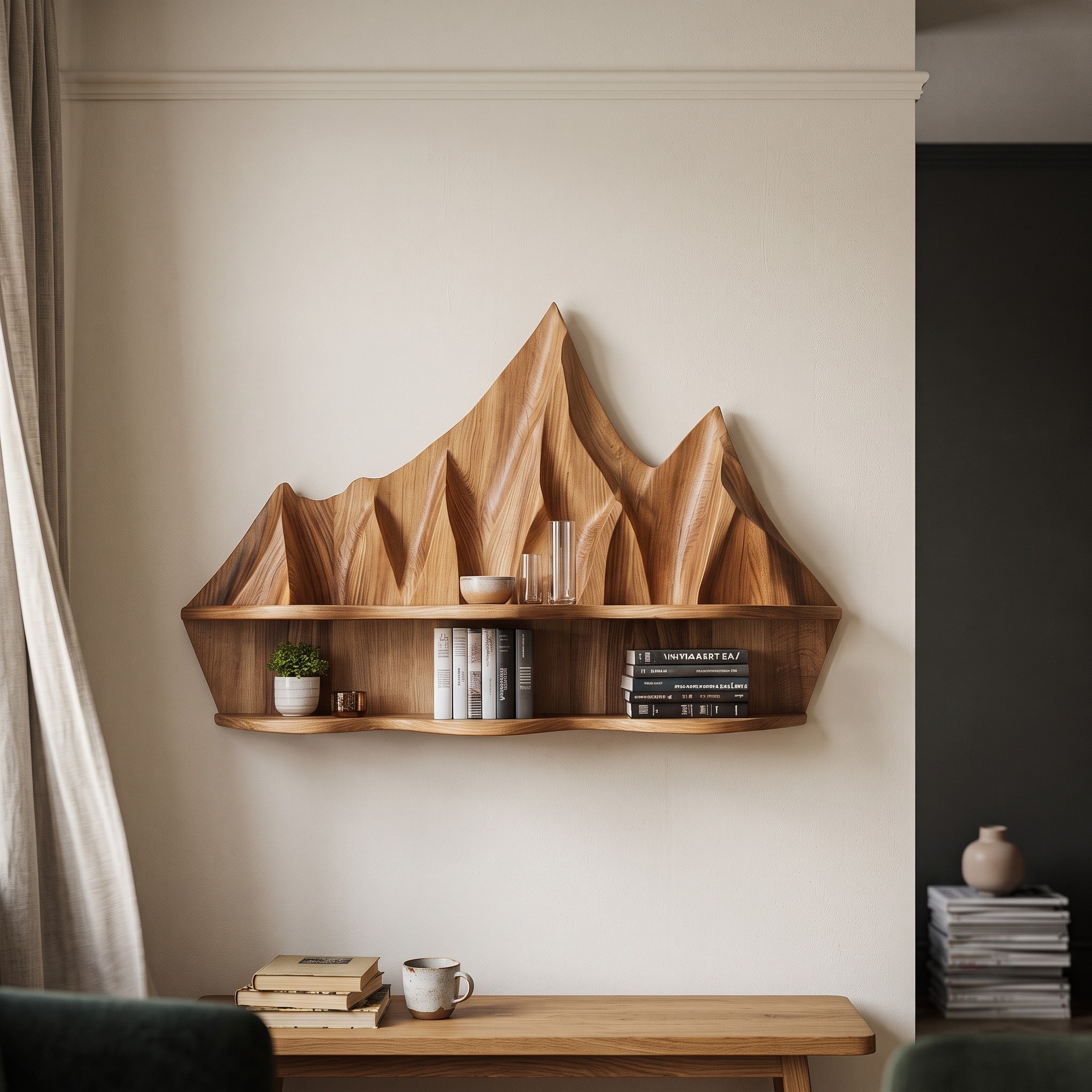 Rustic Floating Shelf with Sculptural Mountain Relief for Bedroom